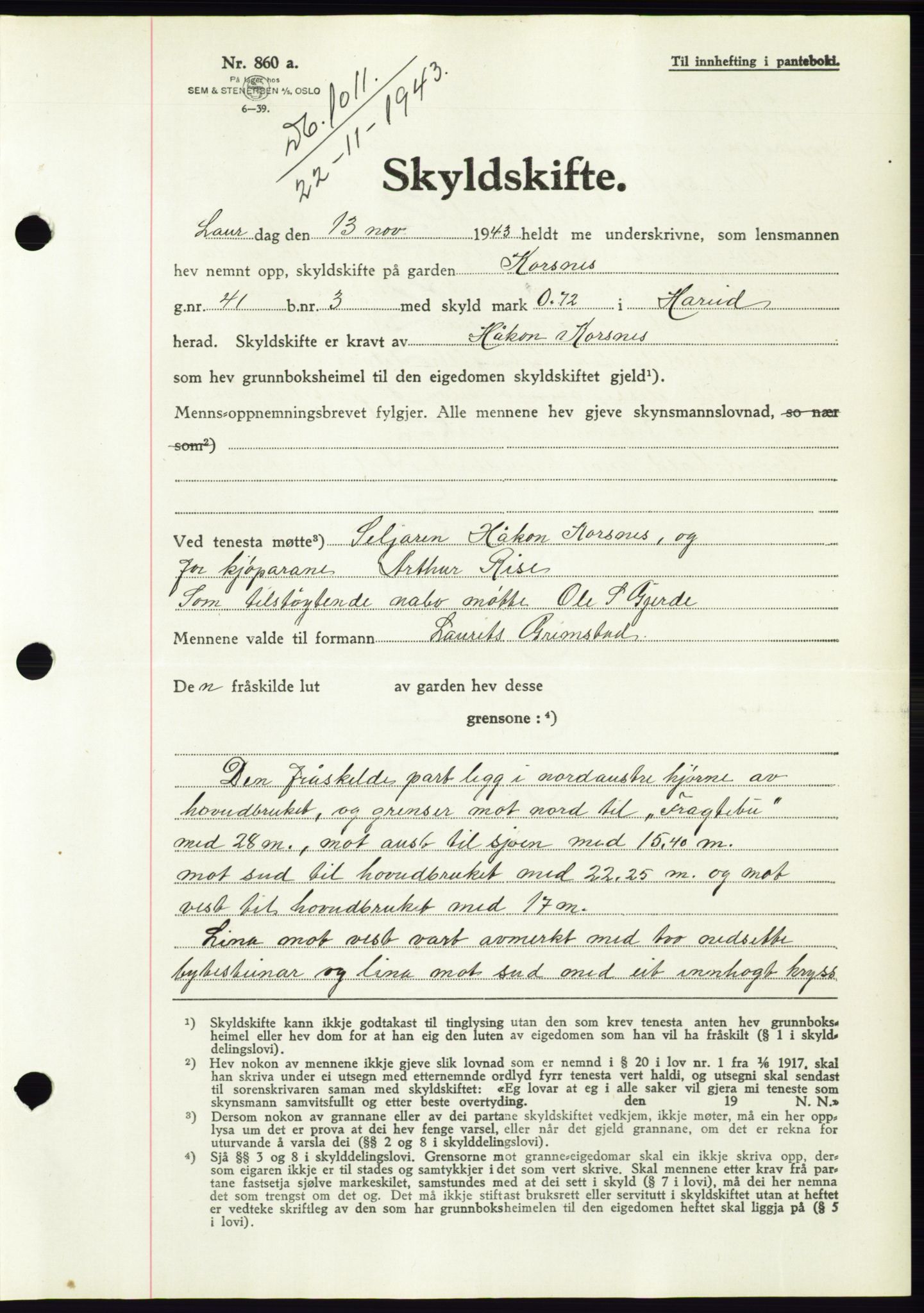 Søre Sunnmøre sorenskriveri, SAT/A-4122/1/2/2C/L0075: Pantebok nr. 1A, 1943-1943, Dagboknr: 1011/1943