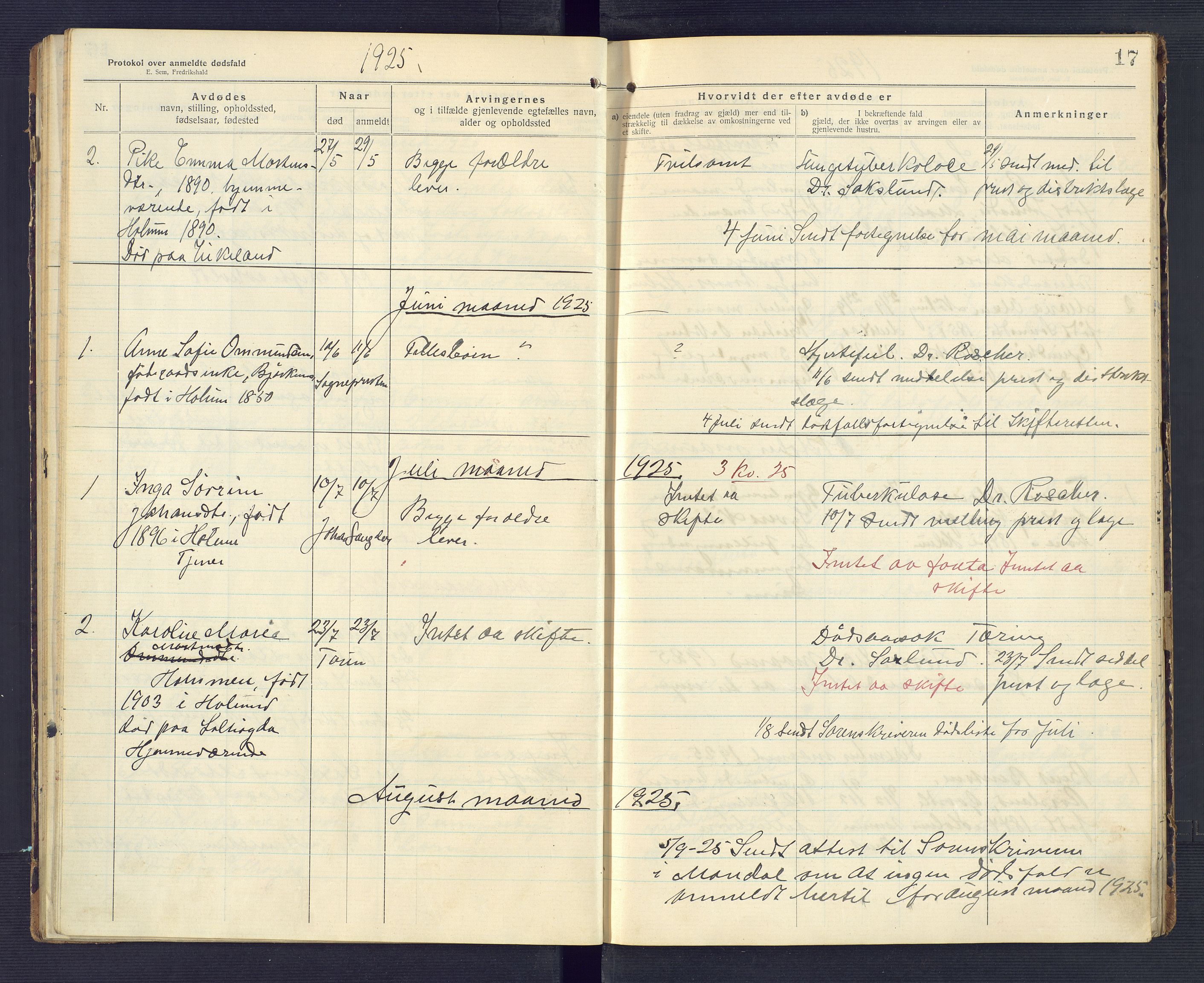 Holum lensmannskontor, SAK/1241-0022/F/Fe/L0002: Anmeldte dødsfall nr 22, 1922-1932, s. 17