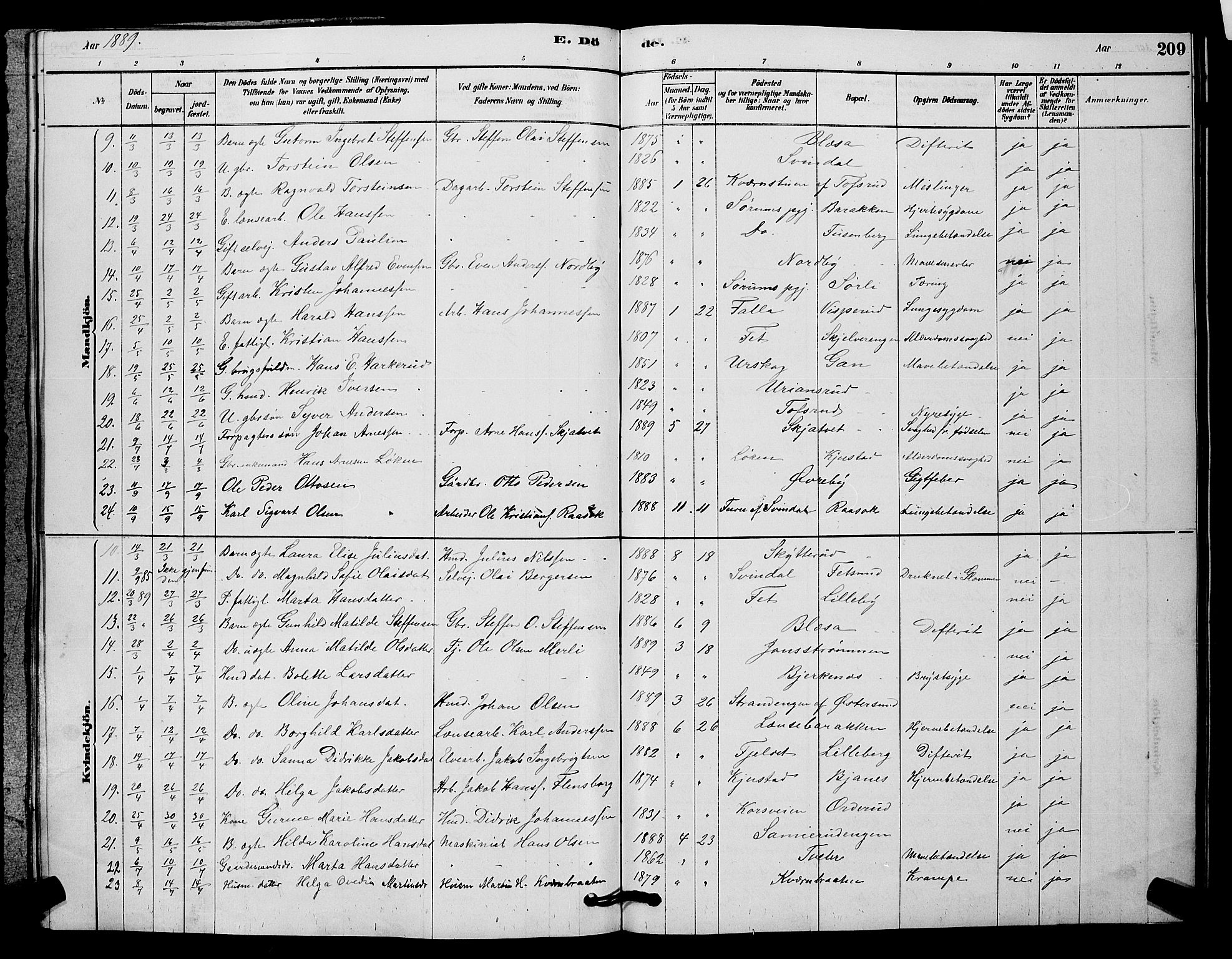 Fet prestekontor Kirkebøker, AV/SAO-A-10370a/G/Ga/L0006: Klokkerbok nr. I 6, 1878-1891, s. 209