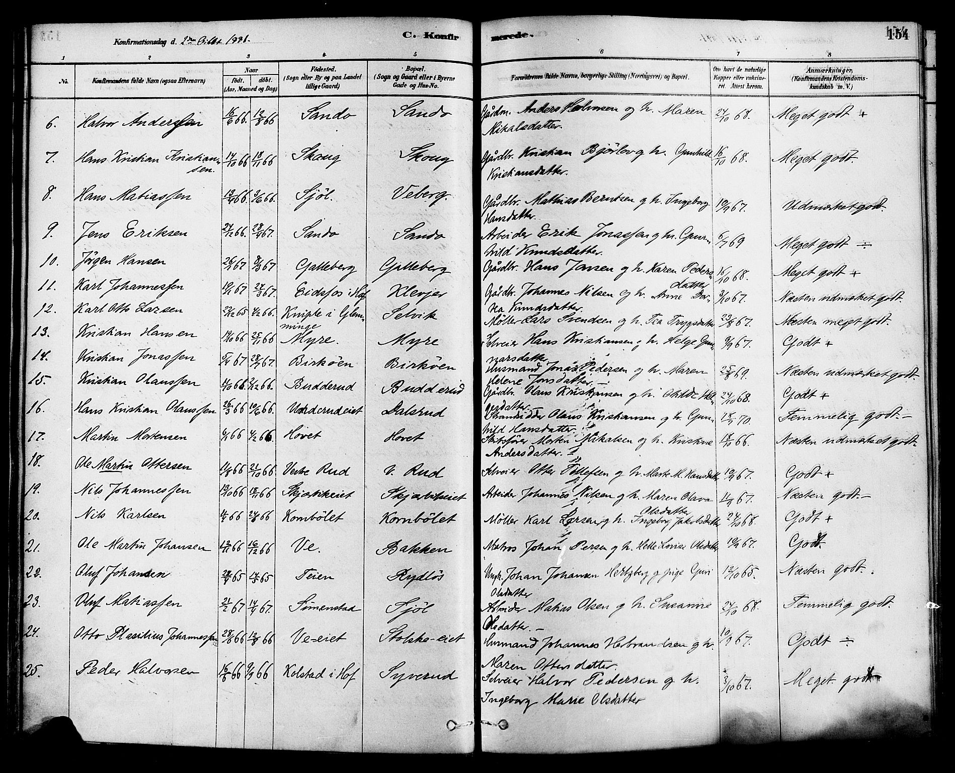 Sande Kirkebøker, AV/SAKO-A-53/F/Fa/L0006: Ministerialbok nr. 6, 1878-1888, s. 154