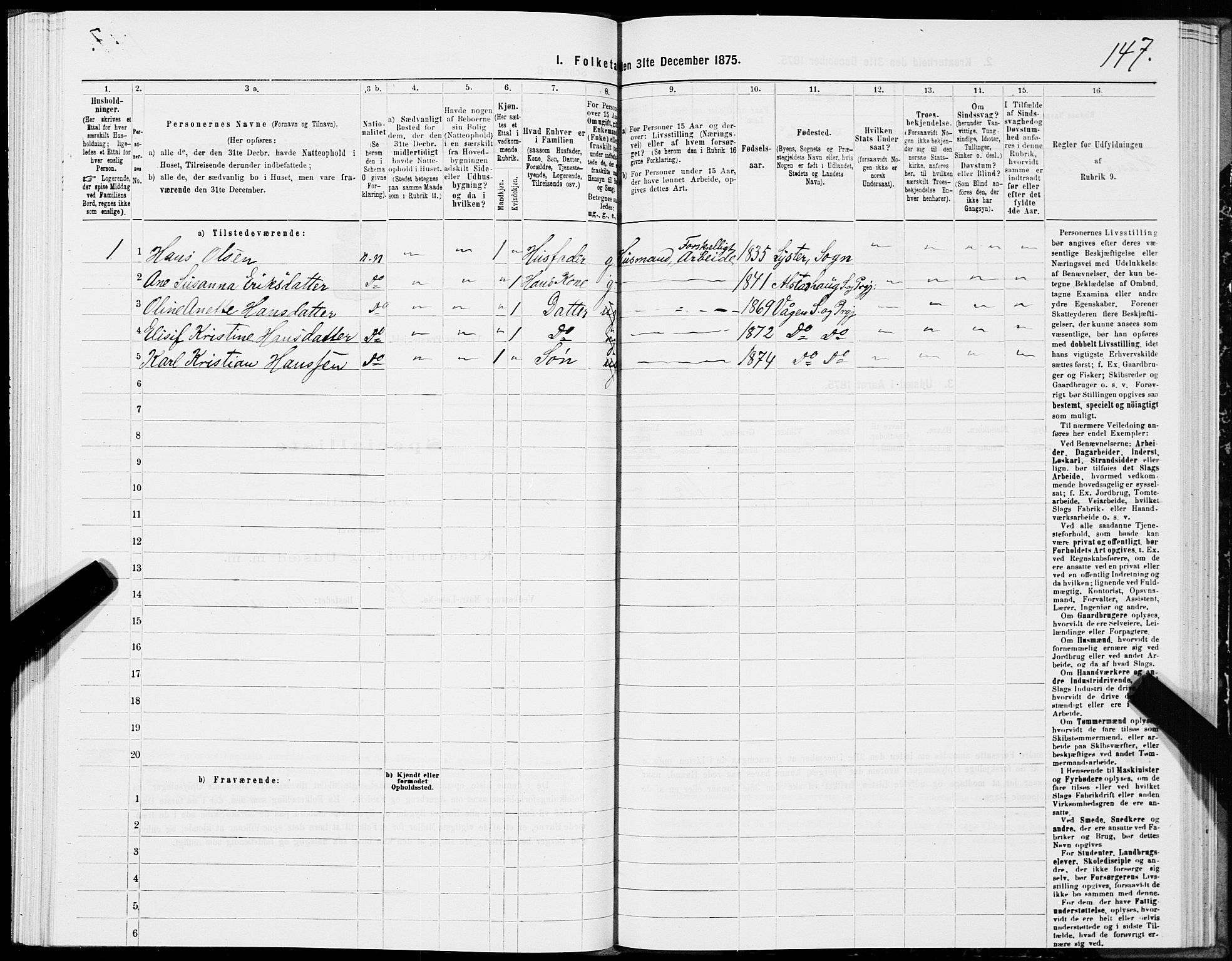 SAT, Folketelling 1875 for 1865P Vågan prestegjeld, 1875, s. 1147