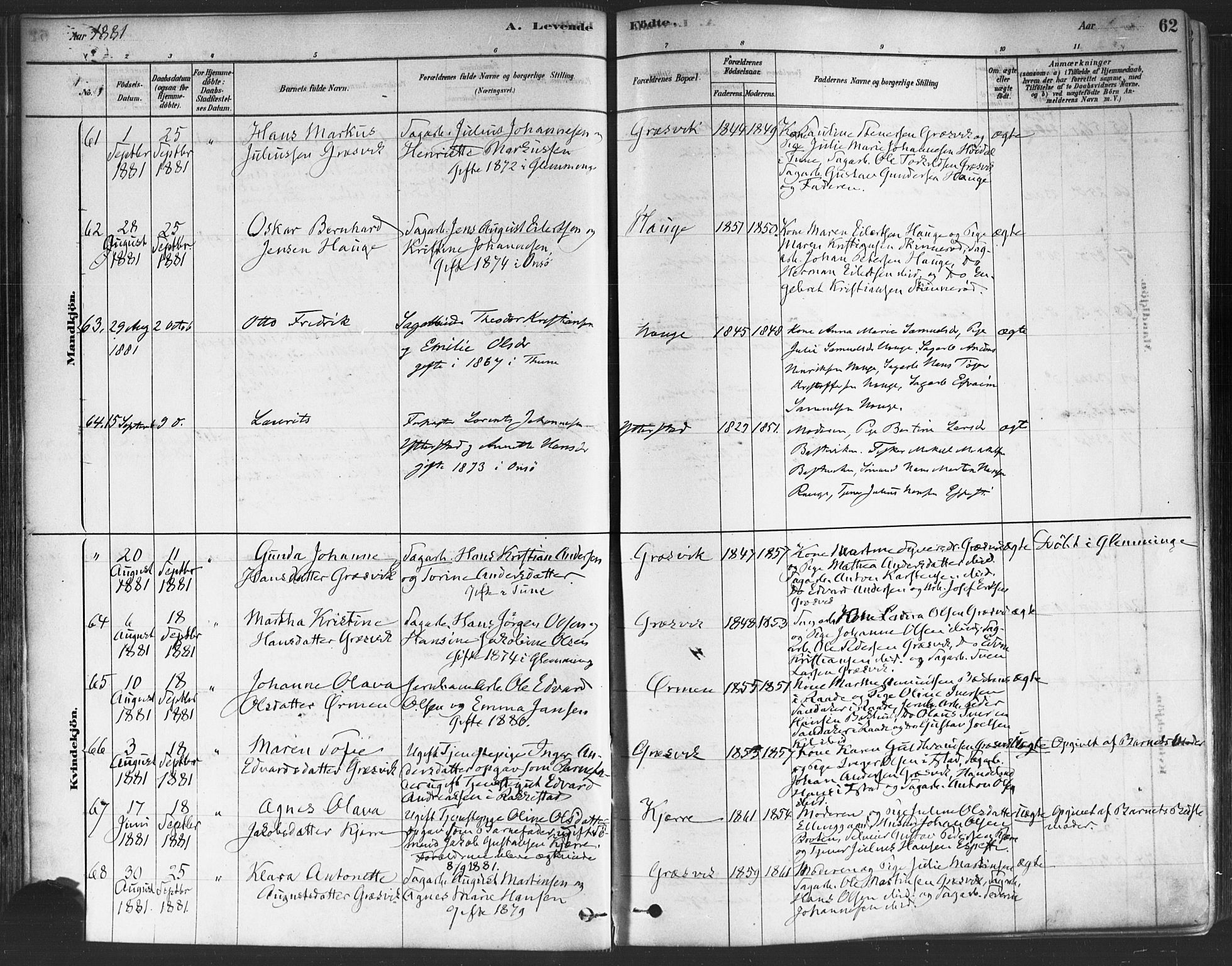 Onsøy prestekontor Kirkebøker, AV/SAO-A-10914/F/Fa/L0005: Ministerialbok nr. I 5, 1878-1898, s. 62