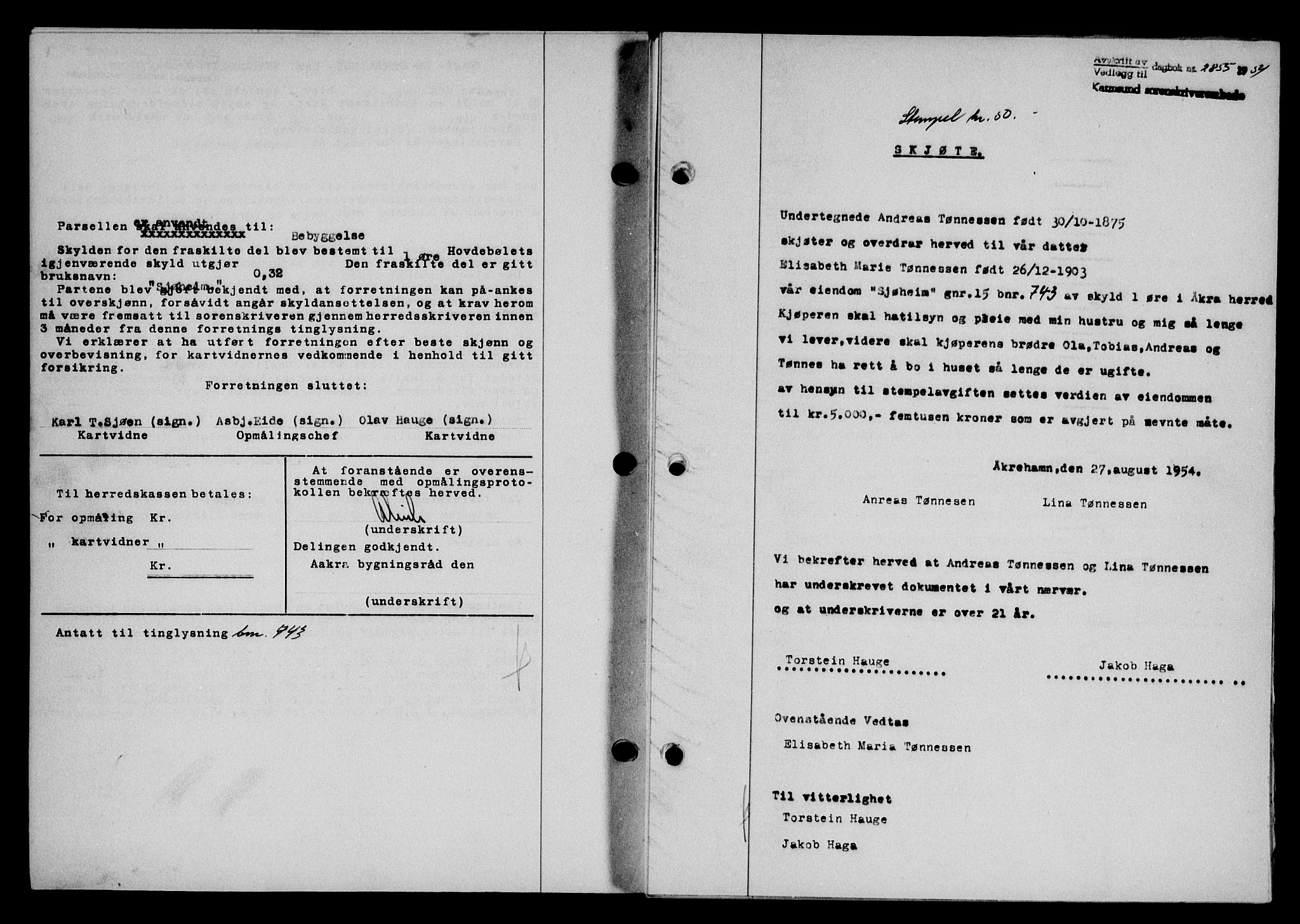Karmsund sorenskriveri, SAST/A-100311/01/II/IIB/L0113: Pantebok nr. 93A, 1954-1954, Dagboknr: 2855/1954