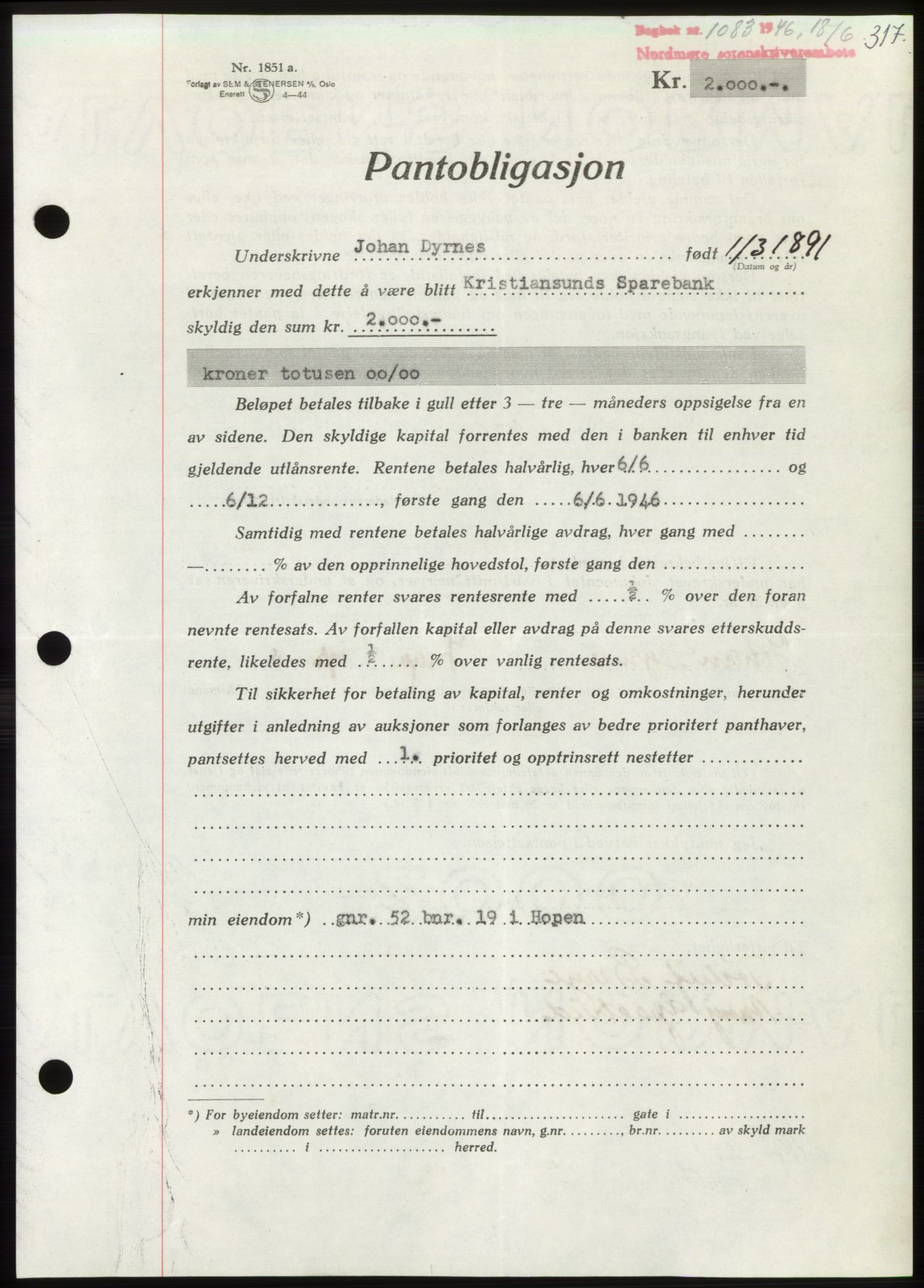 Nordmøre sorenskriveri, AV/SAT-A-4132/1/2/2Ca: Pantebok nr. B94, 1946-1946, Dagboknr: 1083/1946