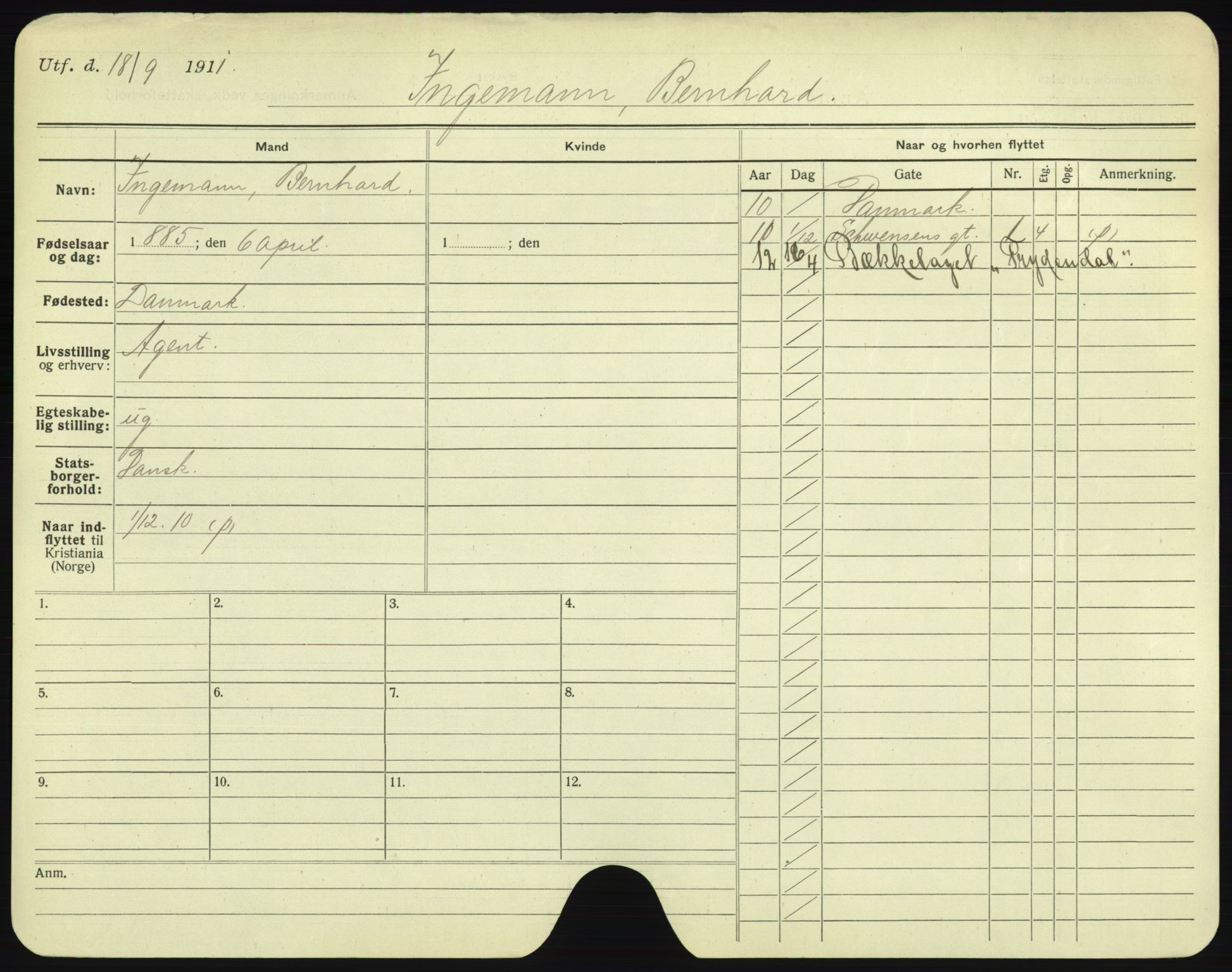 Oslo folkeregister, Registerkort, AV/SAO-A-11715/F/Fa/Fac/L0005: Menn, 1906-1914, s. 13a