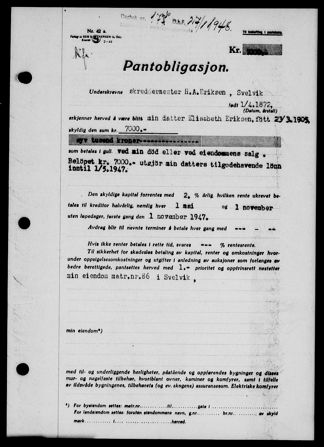 Holmestrand sorenskriveri, SAKO/A-67/G/Ga/Gab/L0058: Pantebok nr. B-58, 1947-1948, Dagboknr: 176/1948