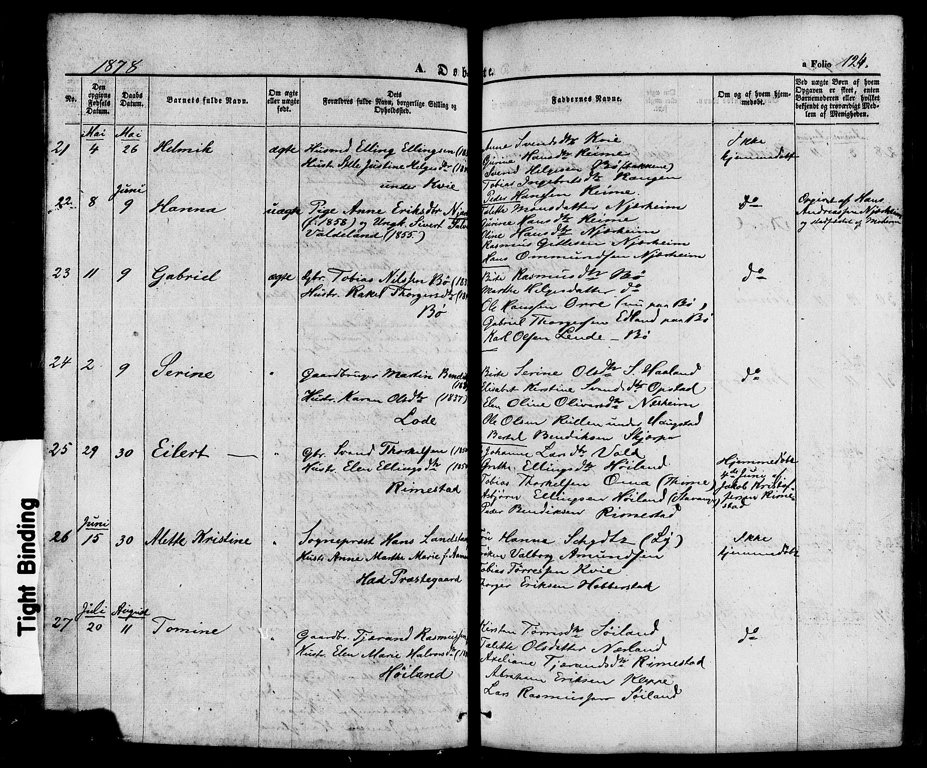 Hå sokneprestkontor, AV/SAST-A-101801/001/30BA/L0008: Ministerialbok nr. A 7, 1853-1878, s. 124