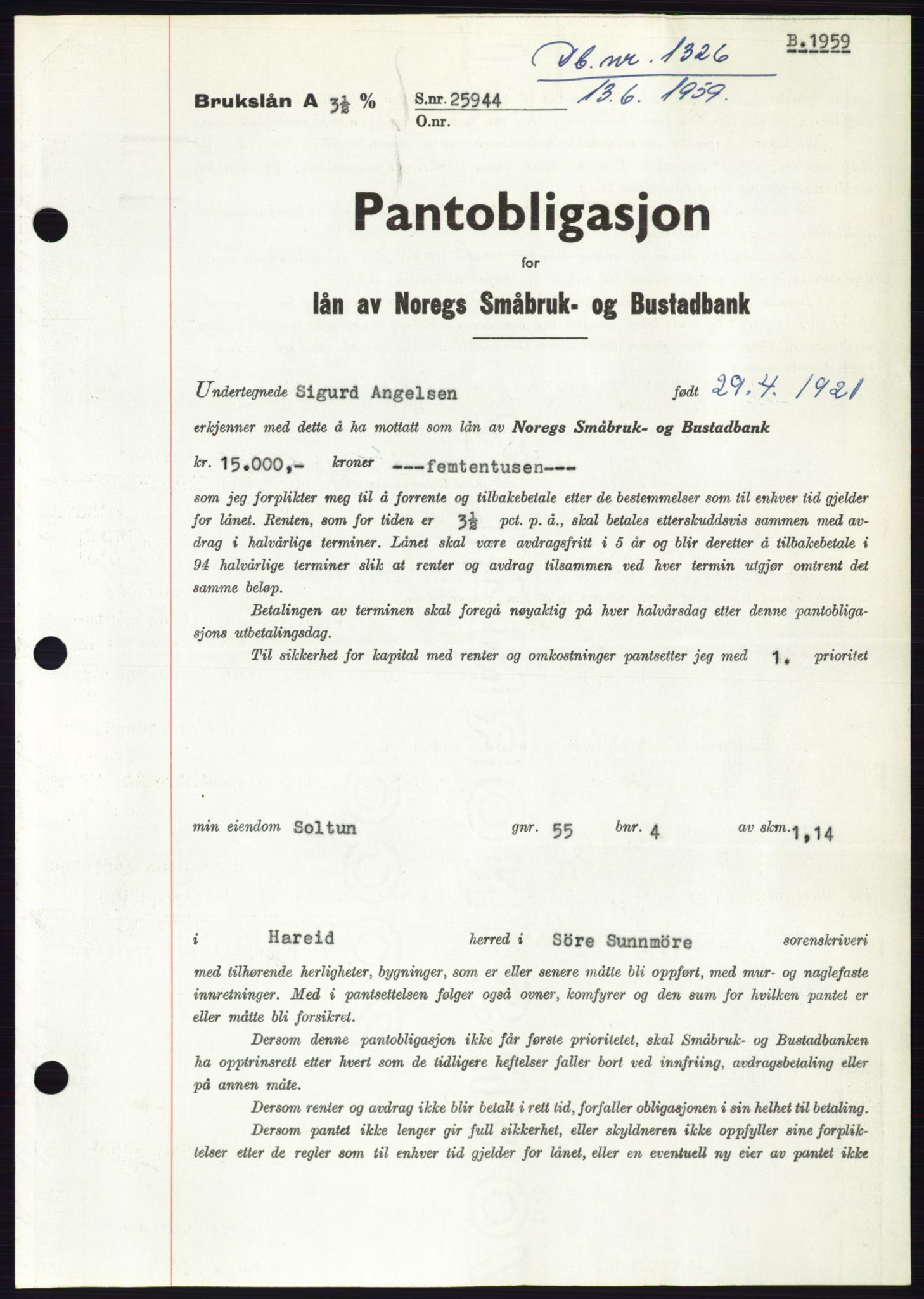Søre Sunnmøre sorenskriveri, SAT/A-4122/1/2/2C/L0133: Pantebok nr. 21B, 1959-1959, Dagboknr: 1326/1959