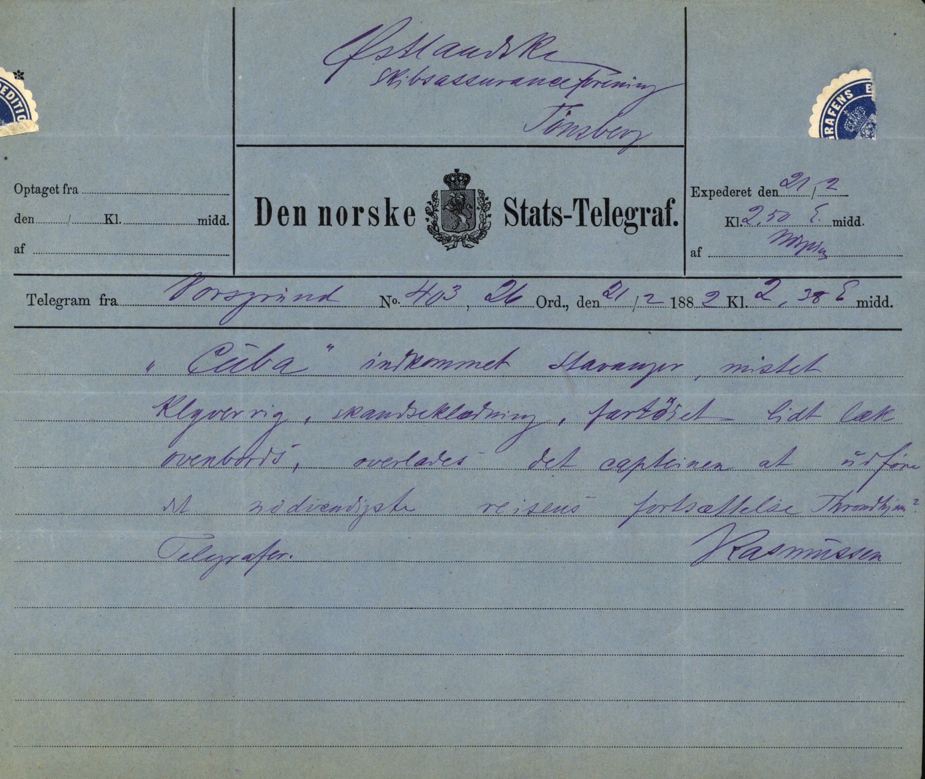 Pa 63 - Østlandske skibsassuranceforening, VEMU/A-1079/G/Ga/L0015/0010: Havaridokumenter / Cuba, Sirius, Freyr, Noatun, Frey, 1882, s. 2