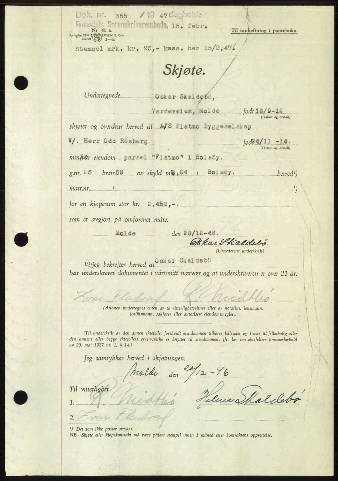 Romsdal sorenskriveri, AV/SAT-A-4149/1/2/2C: Pantebok nr. A22, 1947-1947, Dagboknr: 355/1947