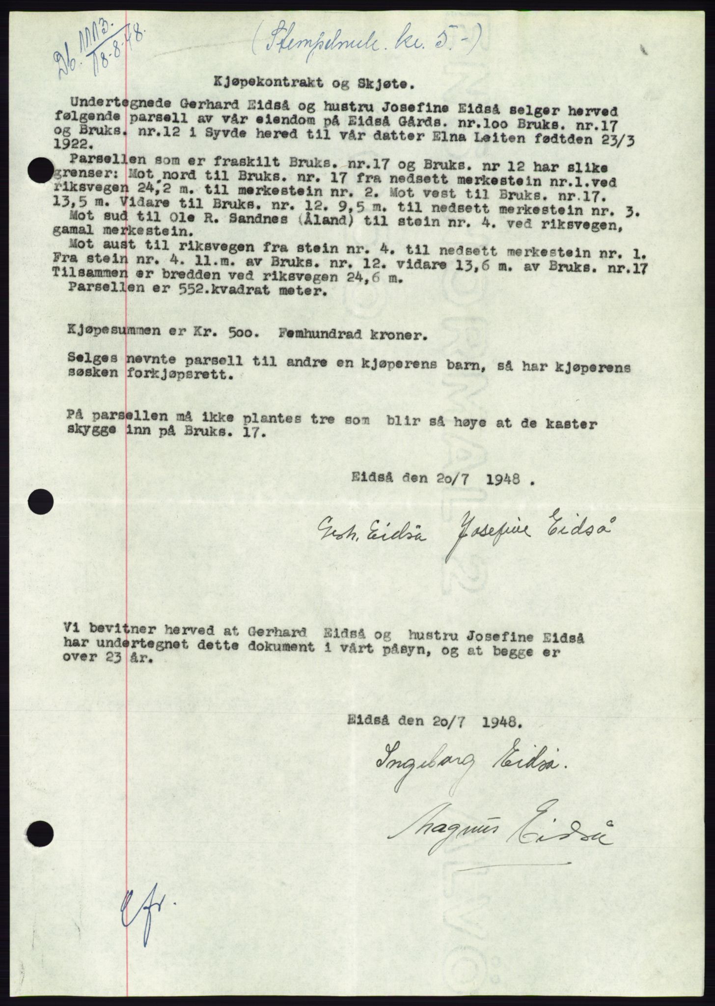 Søre Sunnmøre sorenskriveri, AV/SAT-A-4122/1/2/2C/L0082: Pantebok nr. 8A, 1948-1948, Dagboknr: 1113/1948