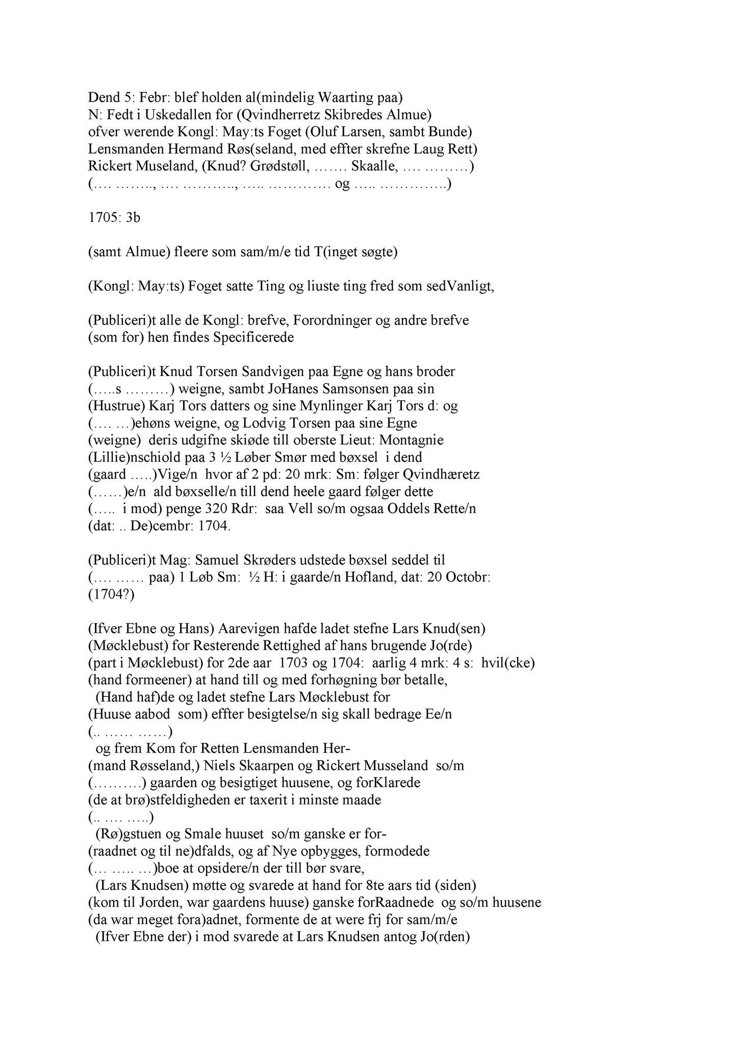 Samling av fulltekstavskrifter, SAB/FULLTEKST/A/12/0028: Sunnhordland sorenskriveri, tingbok nr. A 27, 1705