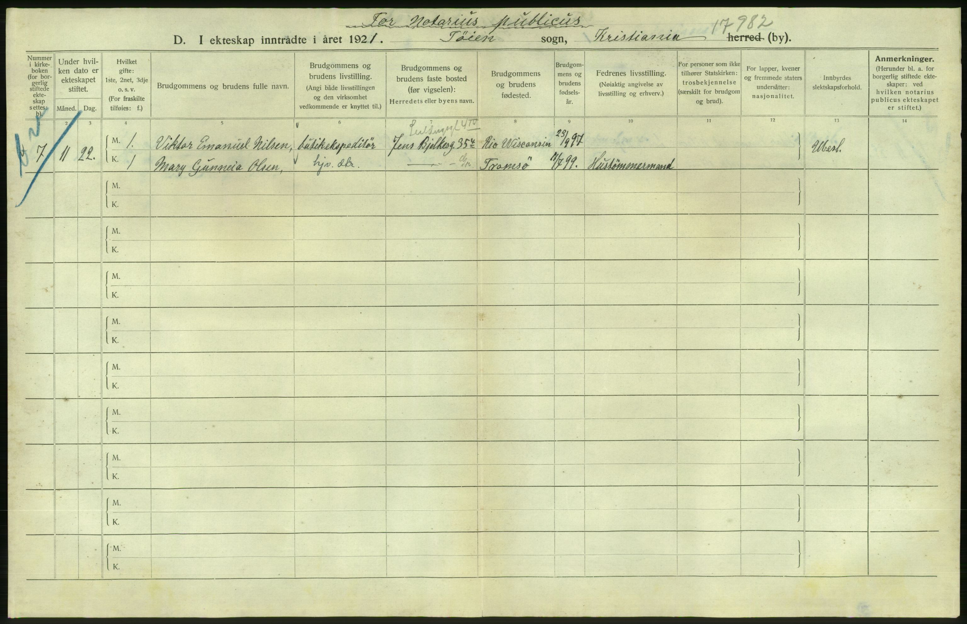 Statistisk sentralbyrå, Sosiodemografiske emner, Befolkning, AV/RA-S-2228/D/Df/Dfc/Dfca/L0011: Kristiania: Gifte, 1921, s. 842