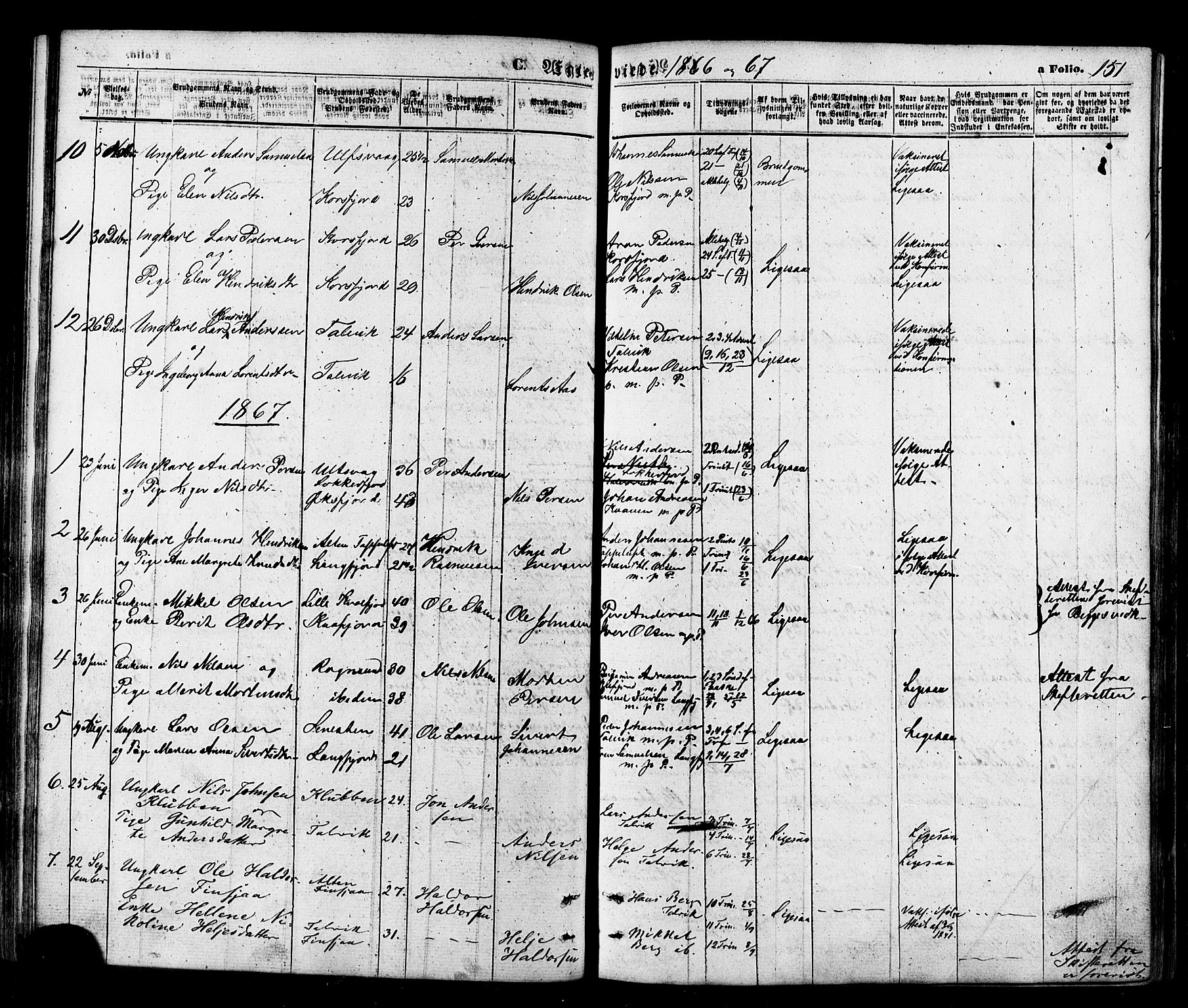 Talvik sokneprestkontor, AV/SATØ-S-1337/H/Ha/L0011kirke: Ministerialbok nr. 11, 1864-1877, s. 151
