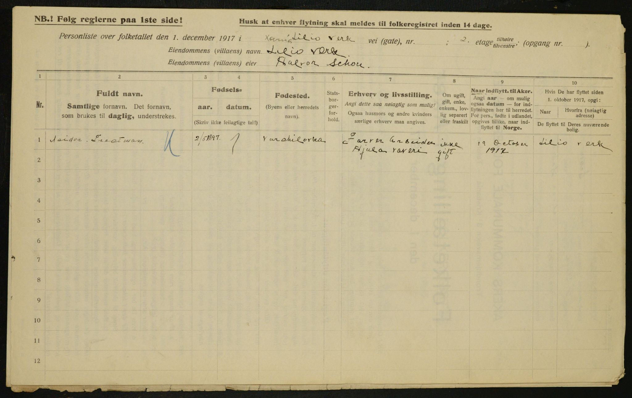 OBA, Kommunal folketelling 1.12.1917 for Aker, 1917, s. 13464