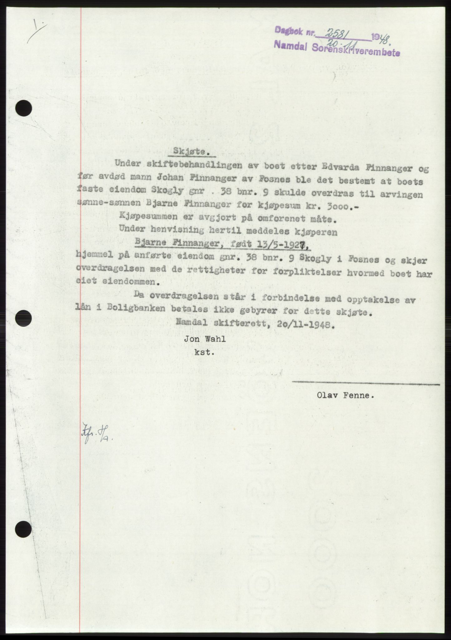 Namdal sorenskriveri, SAT/A-4133/1/2/2C: Pantebok nr. -, 1948-1948, Dagboknr: 2581/1948