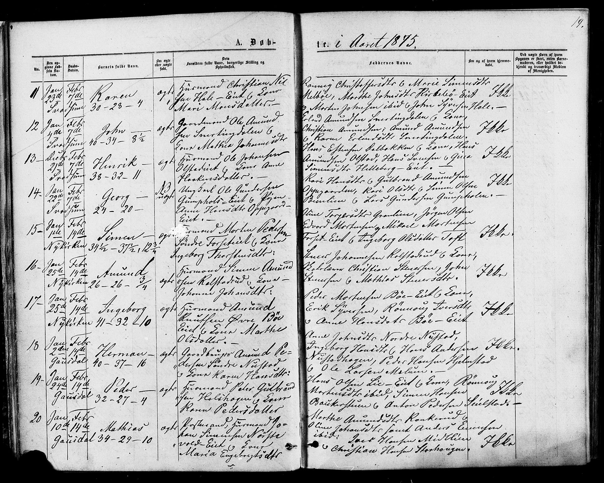 Østre Gausdal prestekontor, AV/SAH-PREST-092/H/Ha/Haa/L0001: Ministerialbok nr. 1, 1874-1886, s. 19