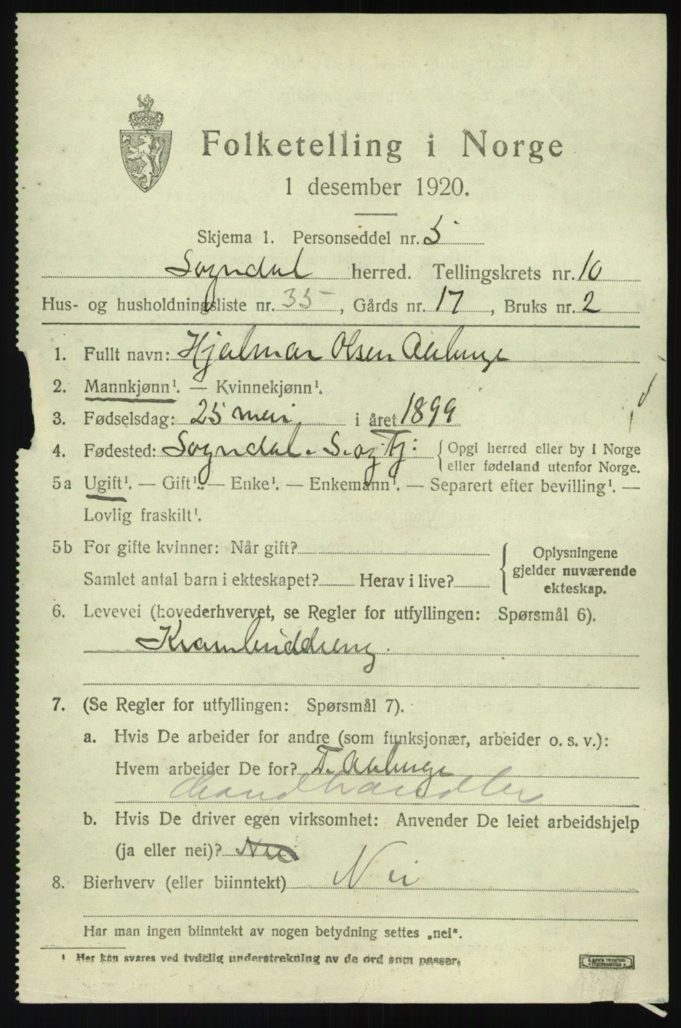 SAB, Folketelling 1920 for 1420 Sogndal herred, 1920, s. 4895