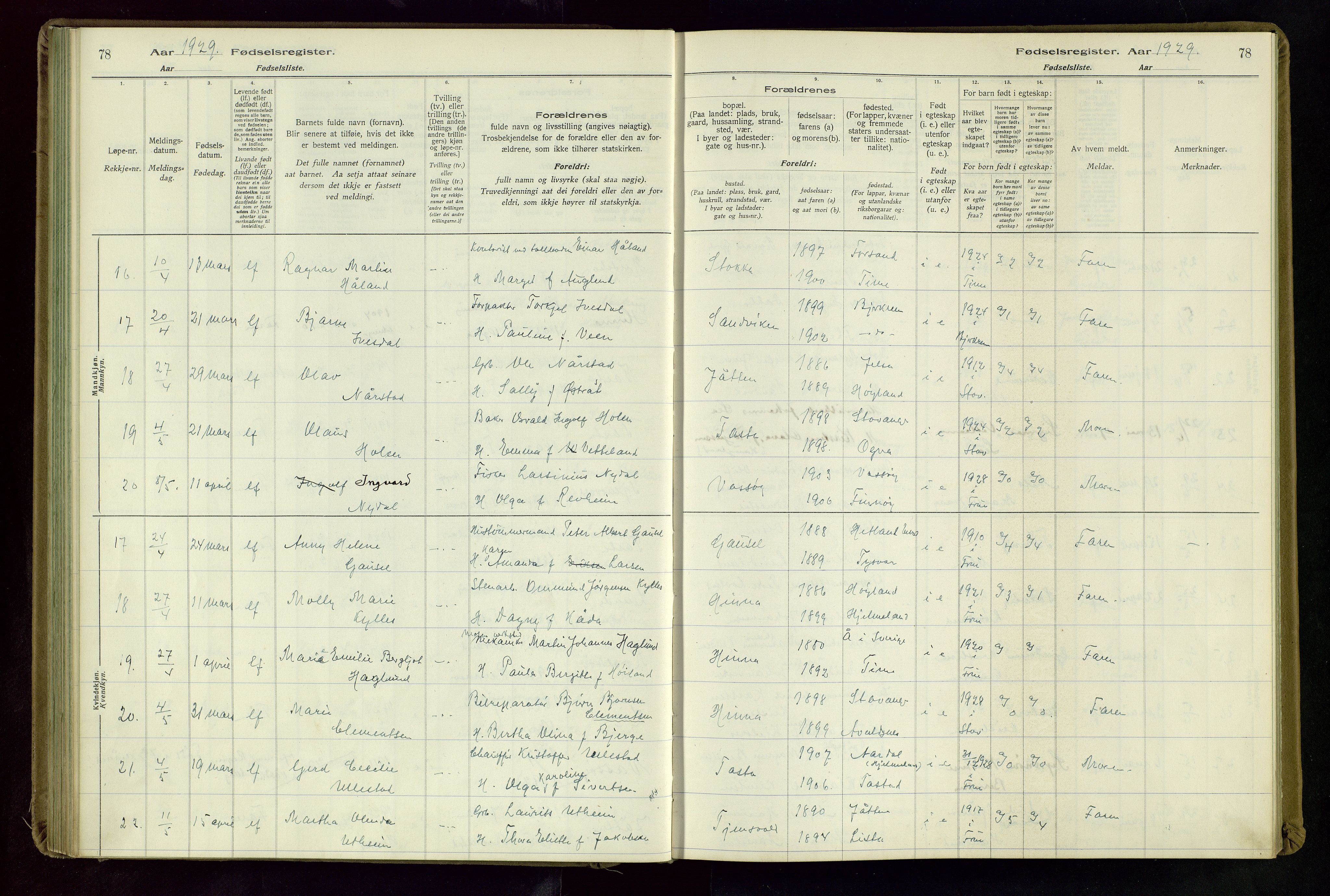 Hetland sokneprestkontor, AV/SAST-A-101826/70/704BA/L0004: Fødselsregister nr. 4, 1923-1937, s. 78