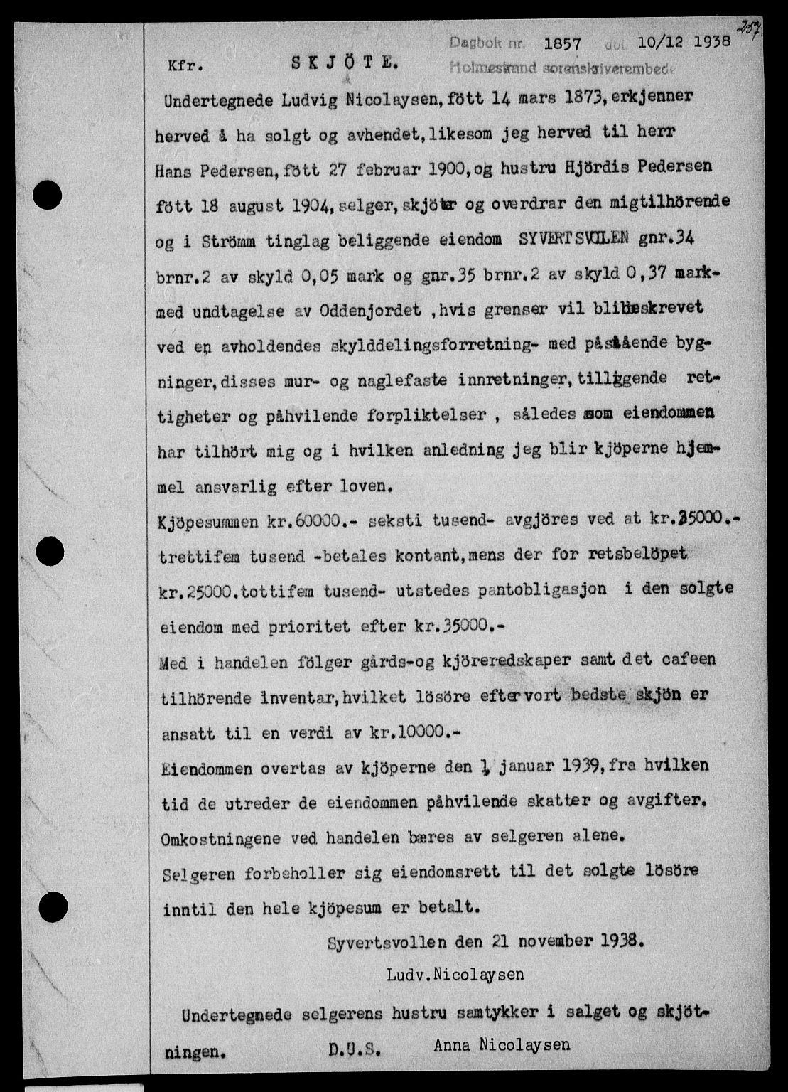 Holmestrand sorenskriveri, SAKO/A-67/G/Ga/Gaa/L0050: Pantebok nr. A-50, 1938-1939, Dagboknr: 1857/1938