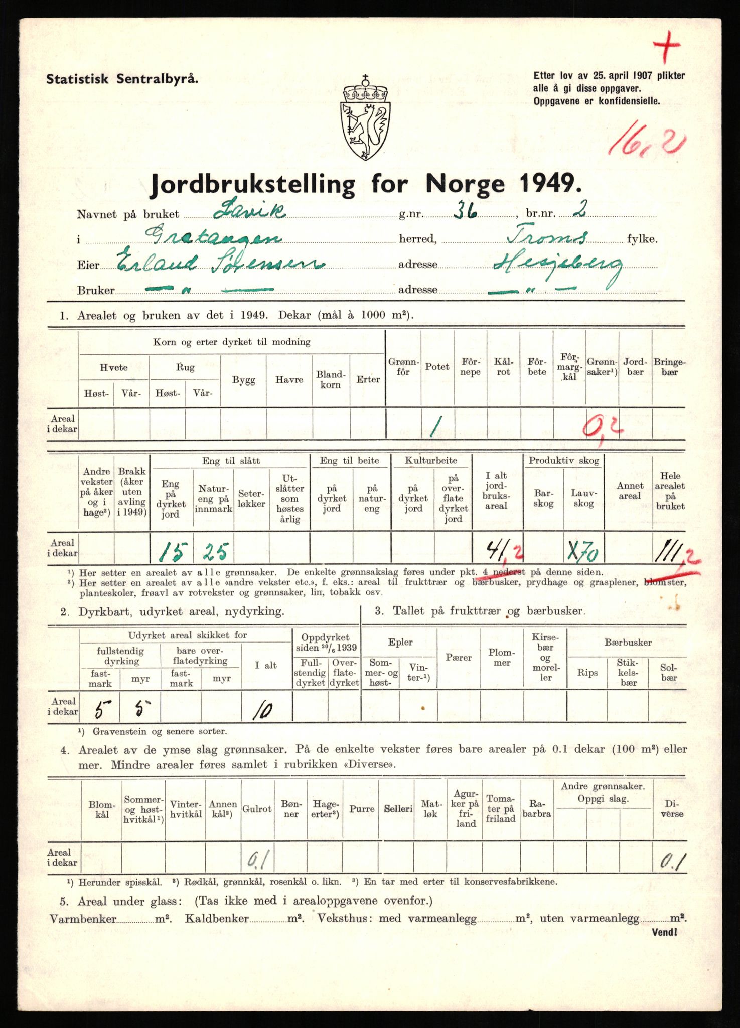 Statistisk sentralbyrå, Næringsøkonomiske emner, Jordbruk, skogbruk, jakt, fiske og fangst, AV/RA-S-2234/G/Gc/L0437: Troms: Gratangen og Lavangen, 1949, s. 1139