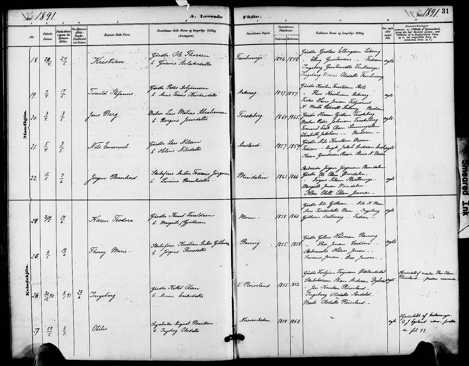 Søndeled sokneprestkontor, AV/SAK-1111-0038/F/Fa/L0005: Ministerialbok nr. A 5, 1889-1899, s. 31