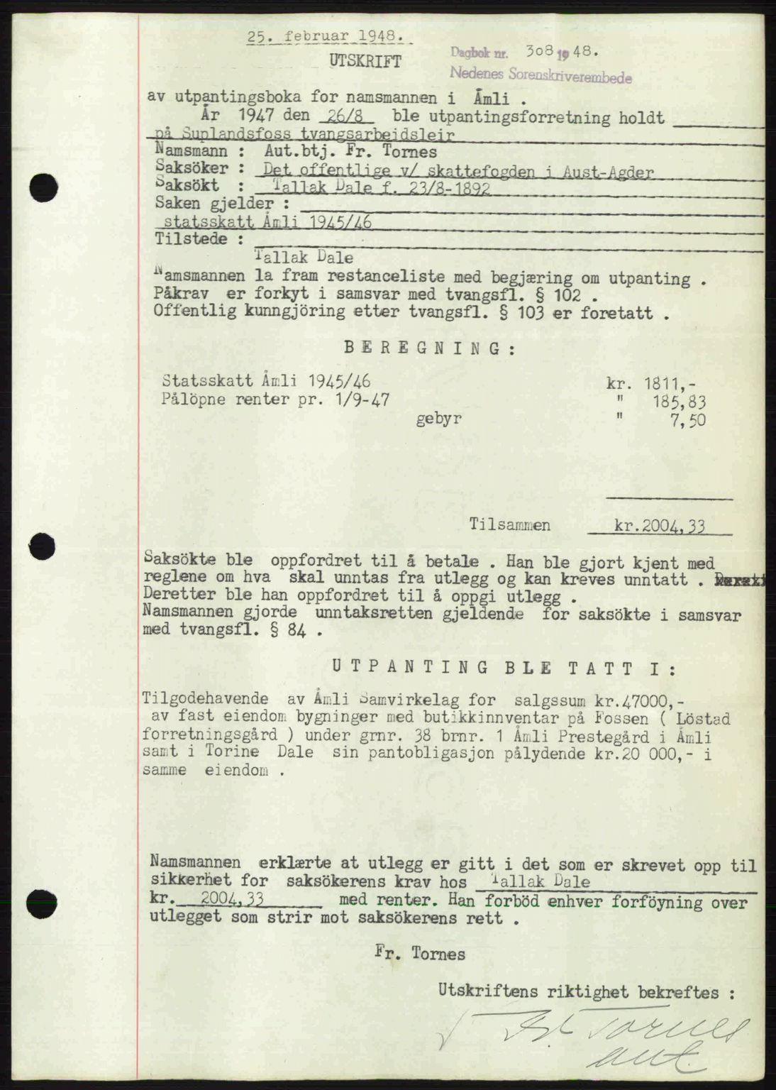 Nedenes sorenskriveri, SAK/1221-0006/G/Gb/Gba/L0058: Pantebok nr. A10, 1947-1948, Dagboknr: 308/1948