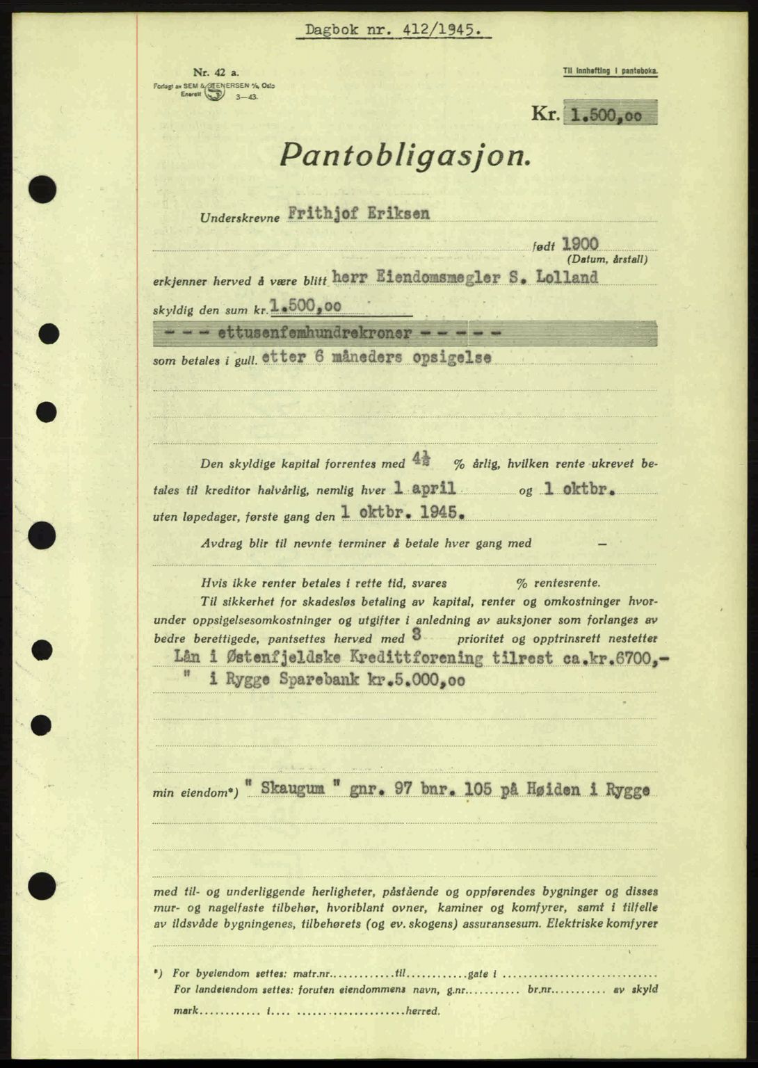 Moss sorenskriveri, SAO/A-10168: Pantebok nr. B13, 1943-1945, Dagboknr: 412/1945