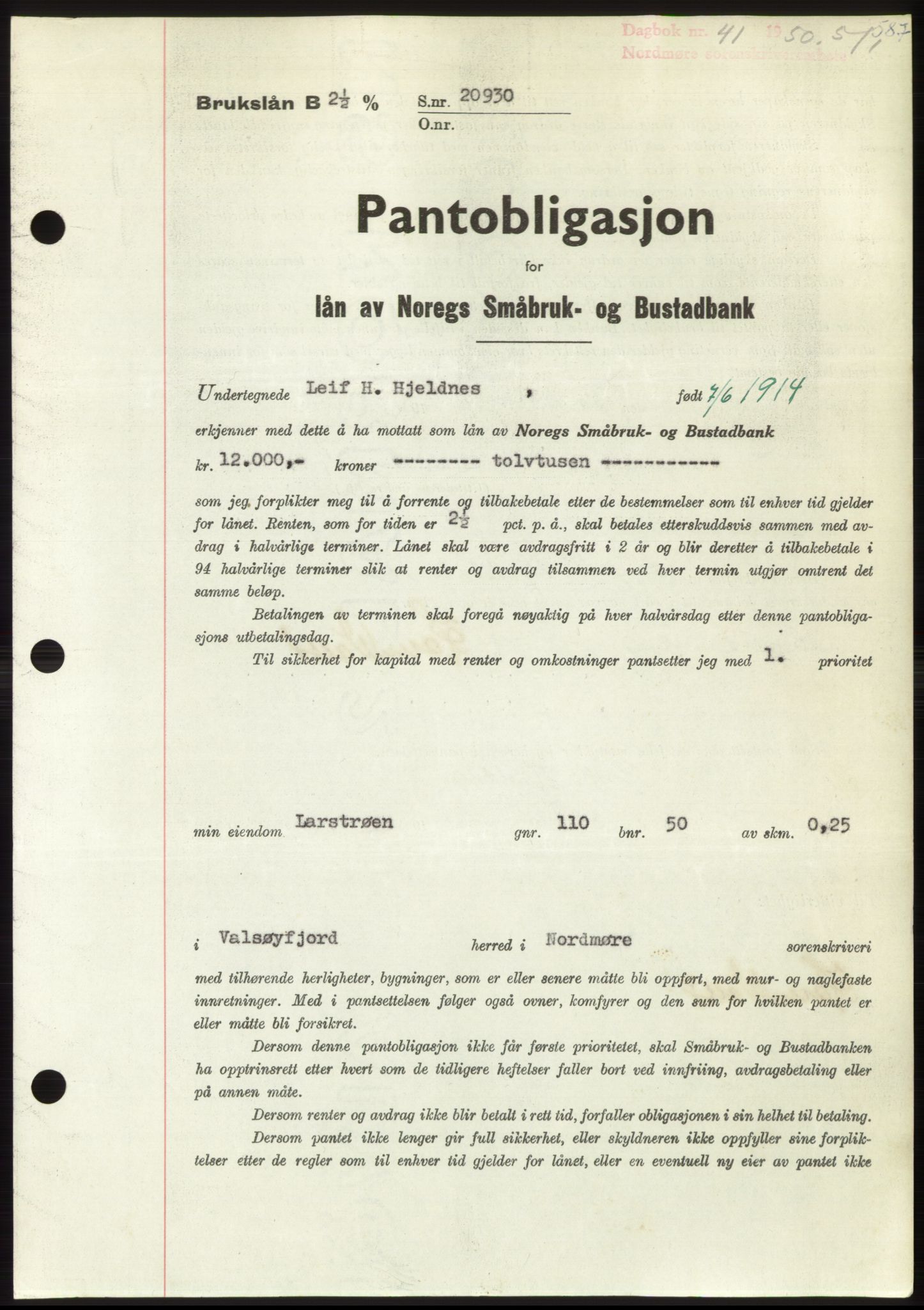 Nordmøre sorenskriveri, SAT/A-4132/1/2/2Ca: Pantebok nr. B103, 1949-1950, Dagboknr: 41/1950
