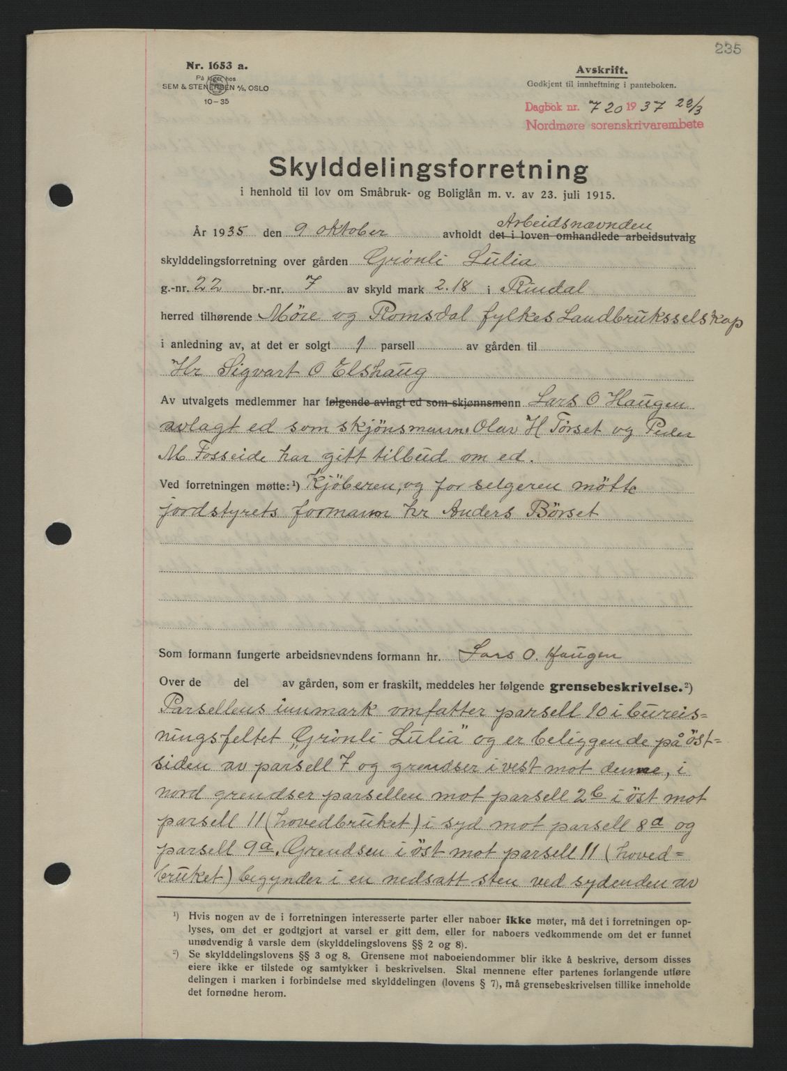 Nordmøre sorenskriveri, SAT/A-4132/1/2/2Ca: Pantebok nr. A81, 1937-1937, Dagboknr: 720/1937
