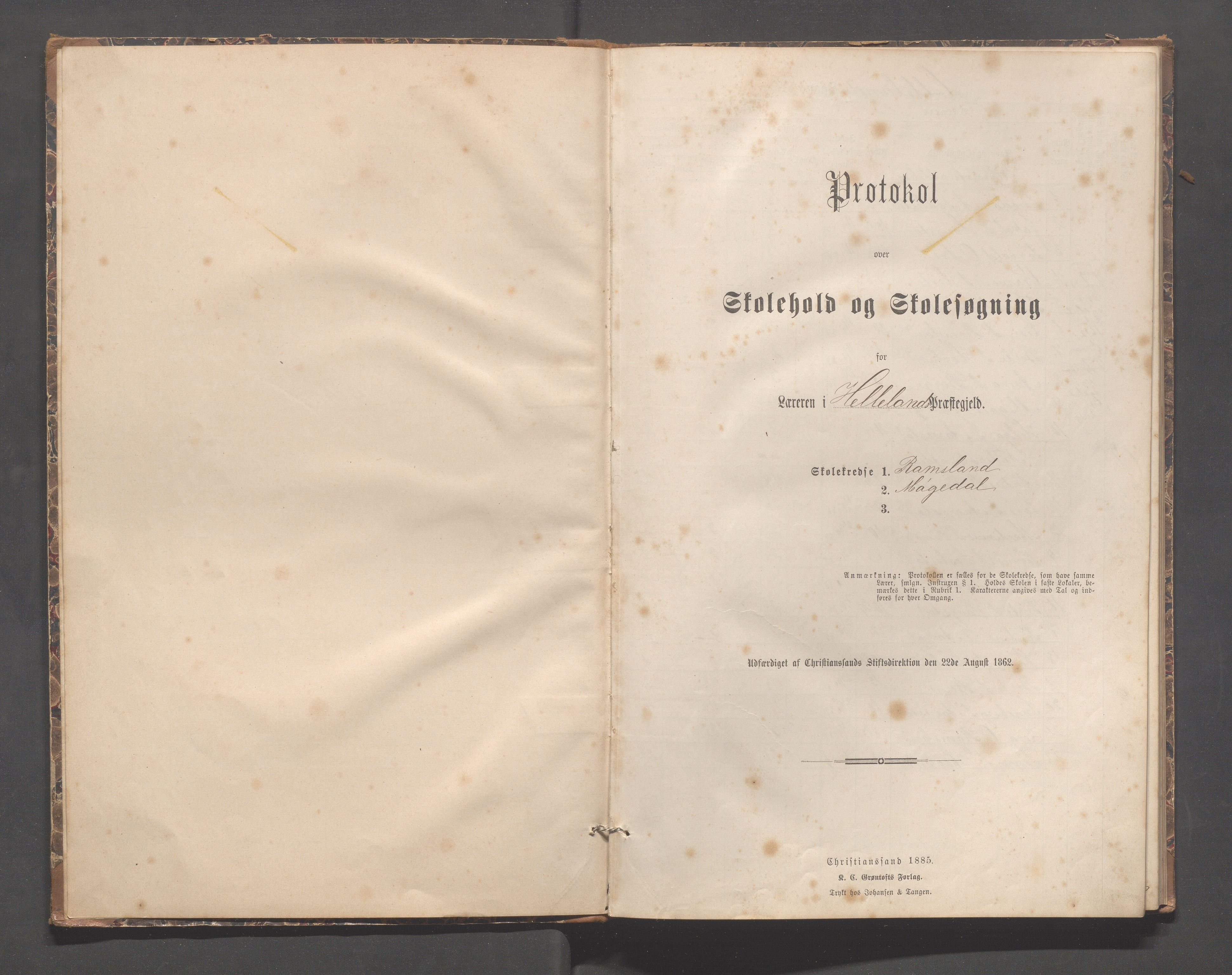 Helleland kommune - Skolekommisjonen/skolestyret, IKAR/K-100486/H/L0007: Skoleprotokoll - Ramsland, Møgedal, Bruland, 1889-1908, s. 1