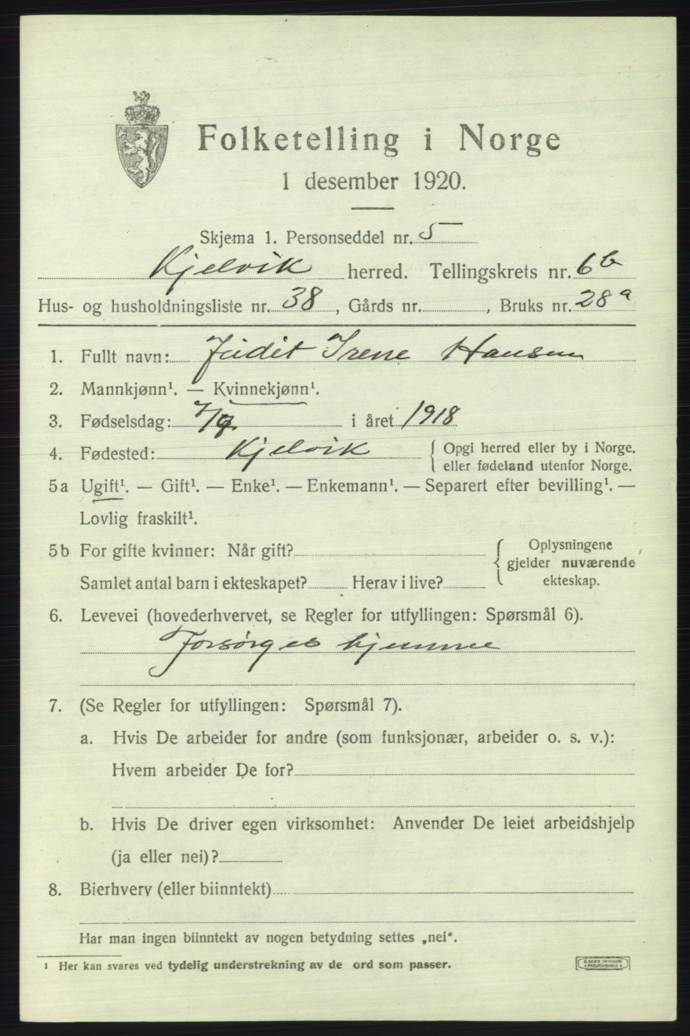 SATØ, Folketelling 1920 for 2019 Kjelvik herred, 1920, s. 4019