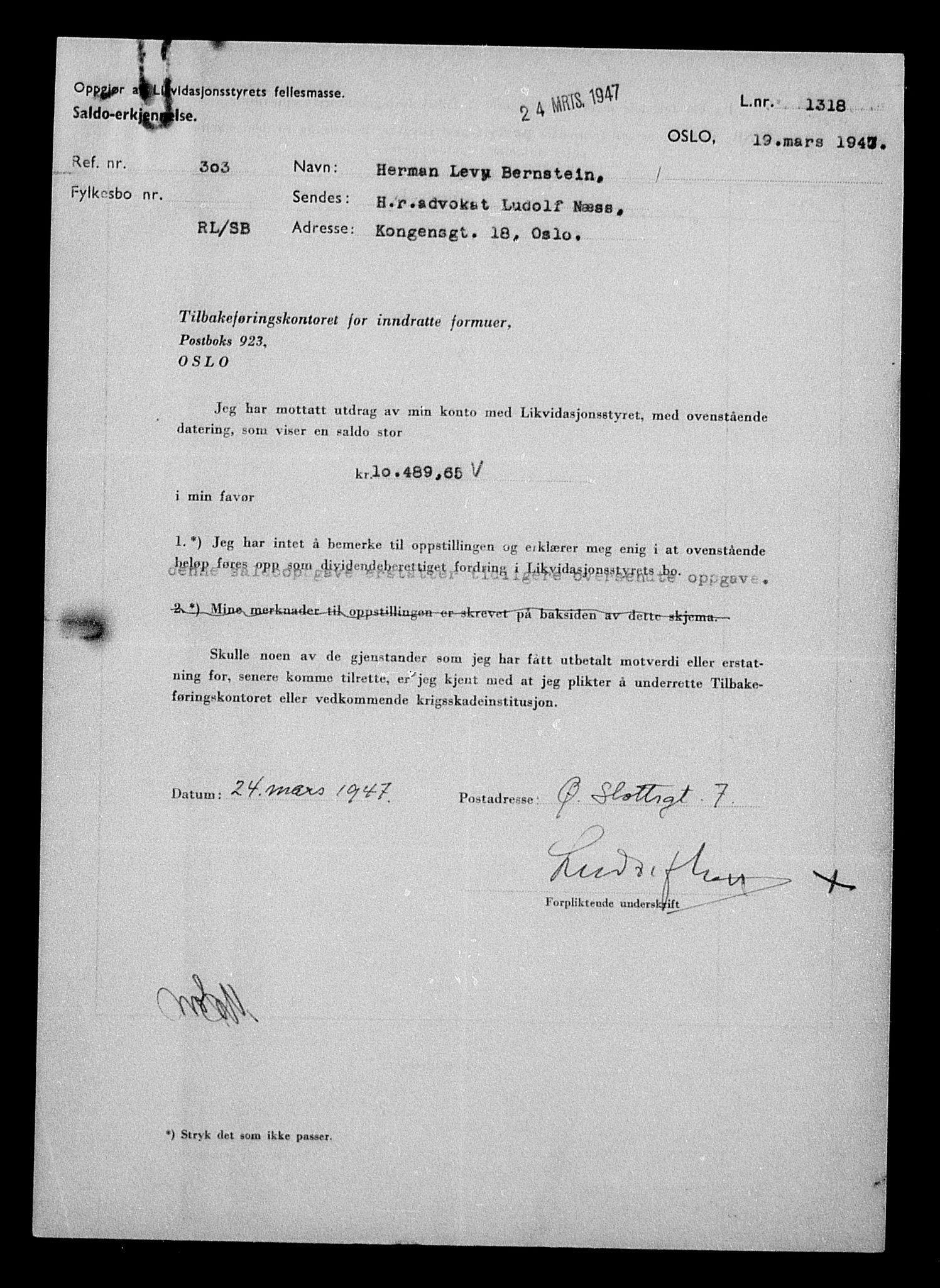 Justisdepartementet, Tilbakeføringskontoret for inndratte formuer, RA/S-1564/H/Hc/Hcc/L0922: --, 1945-1947, s. 351