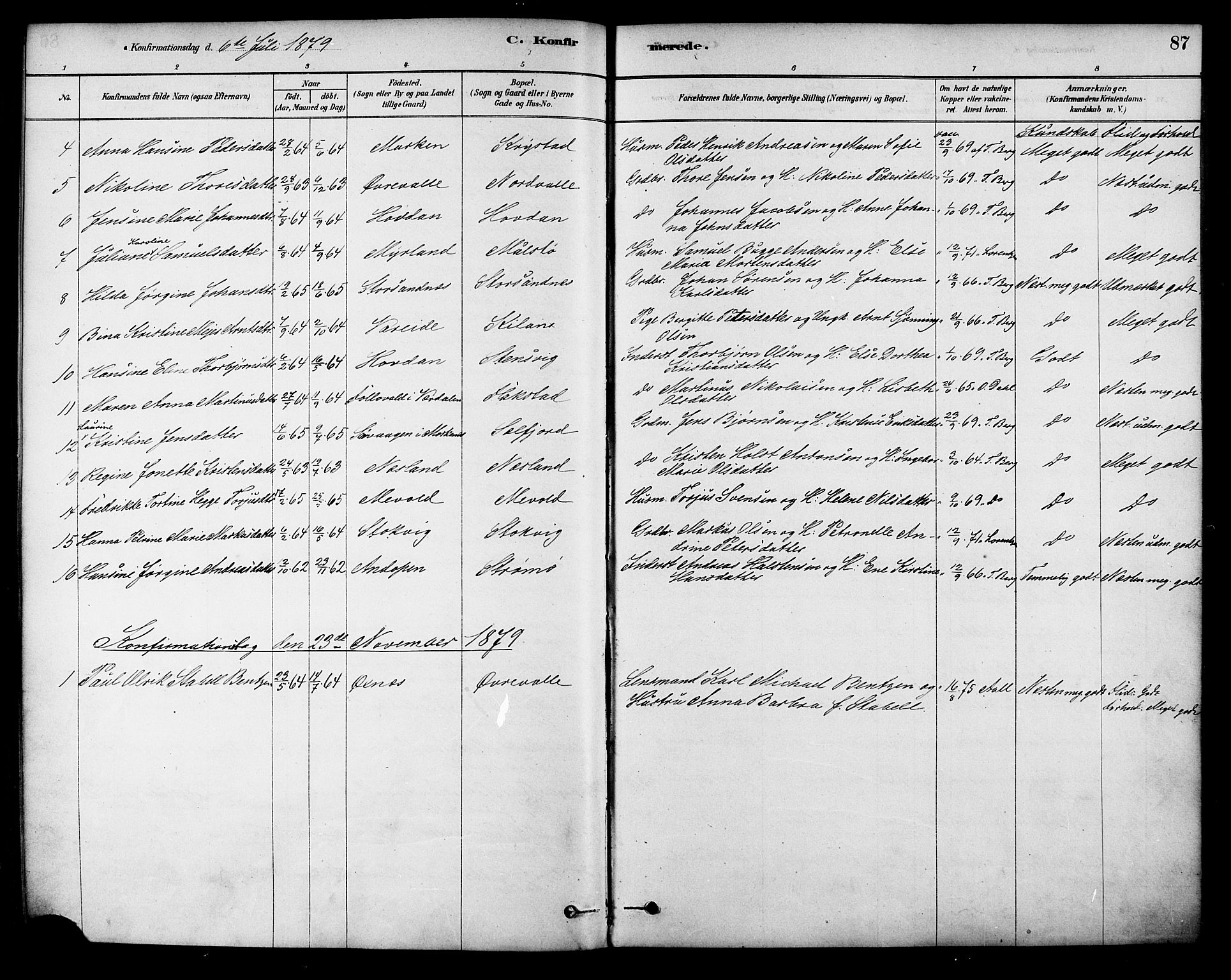 Ministerialprotokoller, klokkerbøker og fødselsregistre - Nordland, SAT/A-1459/885/L1204: Ministerialbok nr. 885A05, 1878-1892, s. 87