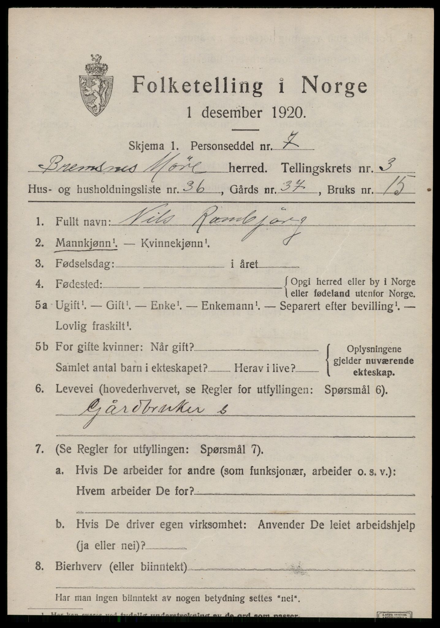SAT, Folketelling 1920 for 1554 Bremsnes herred, 1920, s. 3855