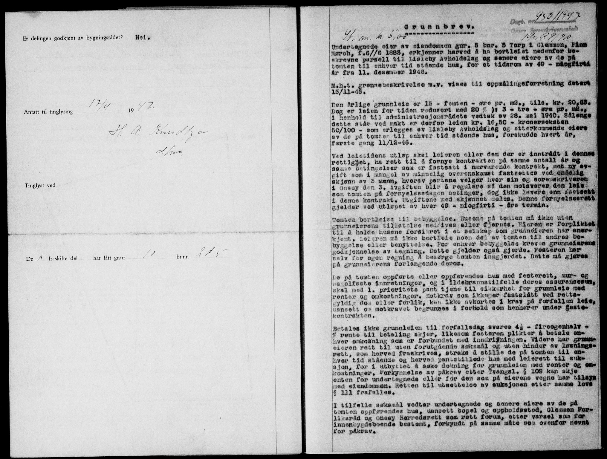 Onsøy sorenskriveri, SAO/A-10474/G/Ga/Gab/L0019b: Pantebok nr. II A-19 B, 1947-1947, Dagboknr: 950/1947