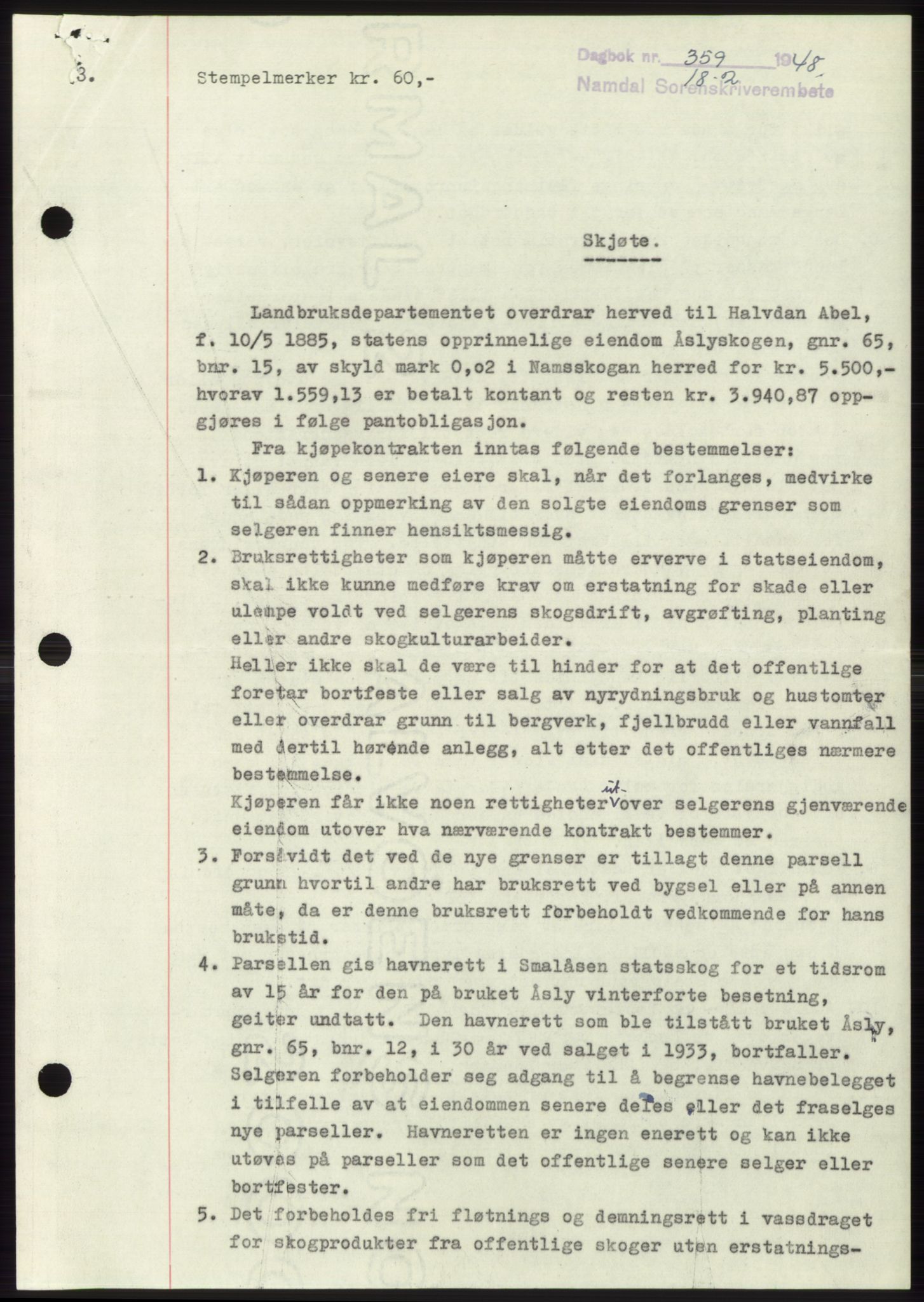 Namdal sorenskriveri, SAT/A-4133/1/2/2C: Pantebok nr. -, 1947-1948, Dagboknr: 359/1948