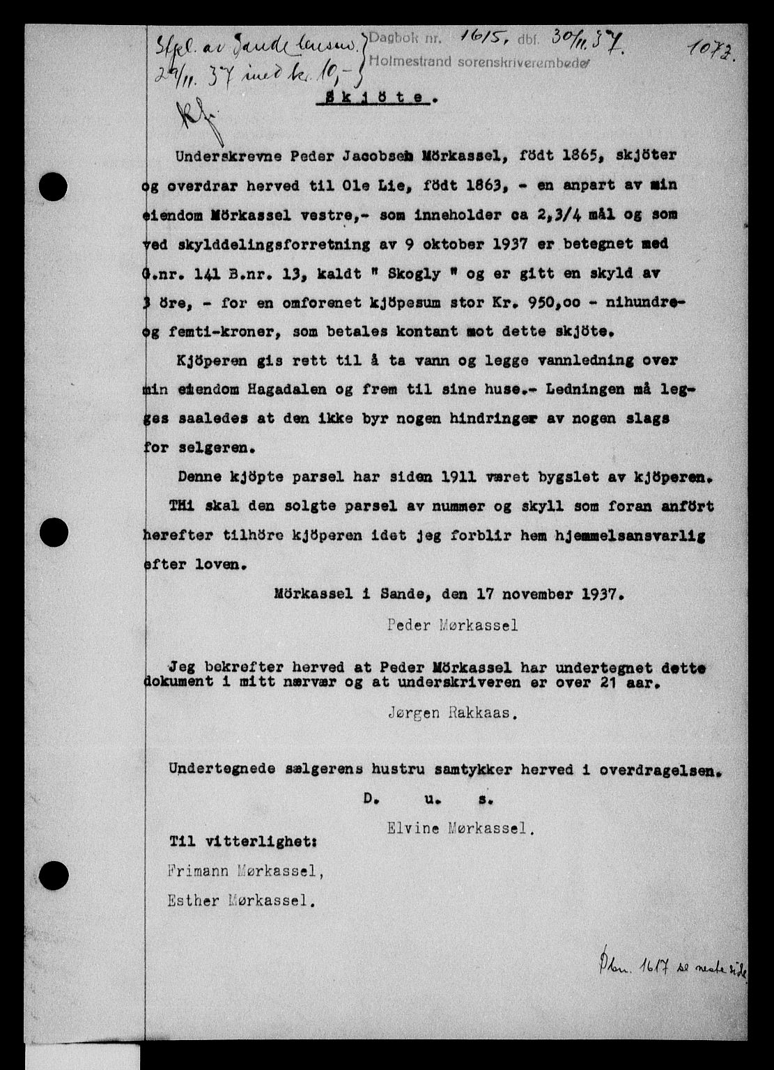 Holmestrand sorenskriveri, SAKO/A-67/G/Ga/Gaa/L0048: Pantebok nr. A-48, 1936-1937, Dagboknr: 1615/1937