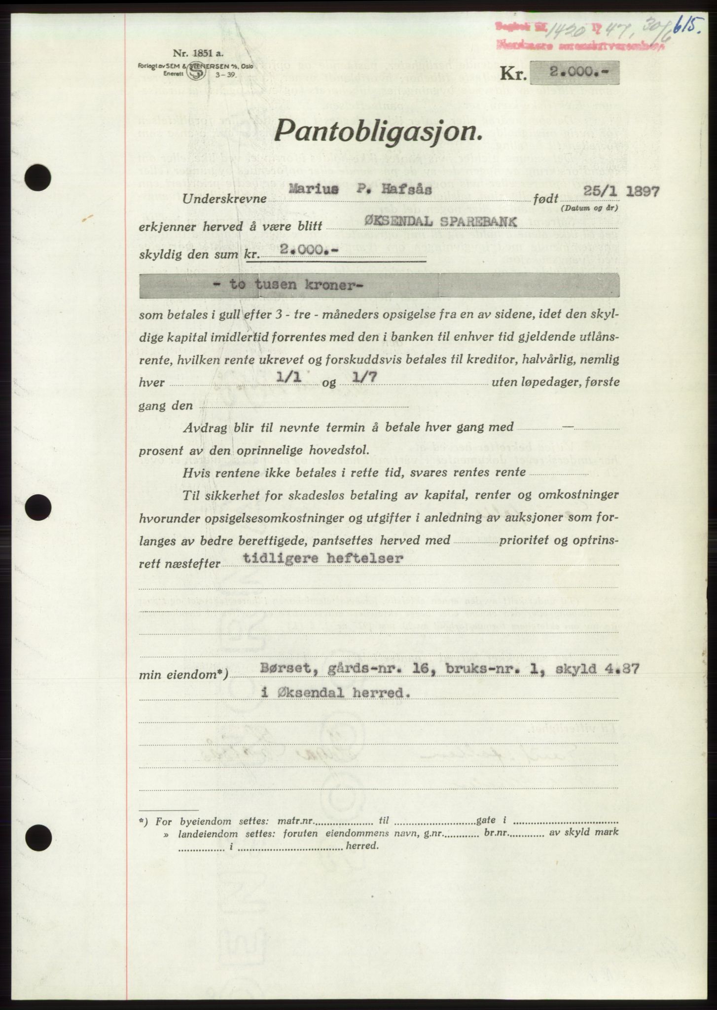 Nordmøre sorenskriveri, SAT/A-4132/1/2/2Ca: Pantebok nr. B96, 1947-1947, Dagboknr: 1420/1947
