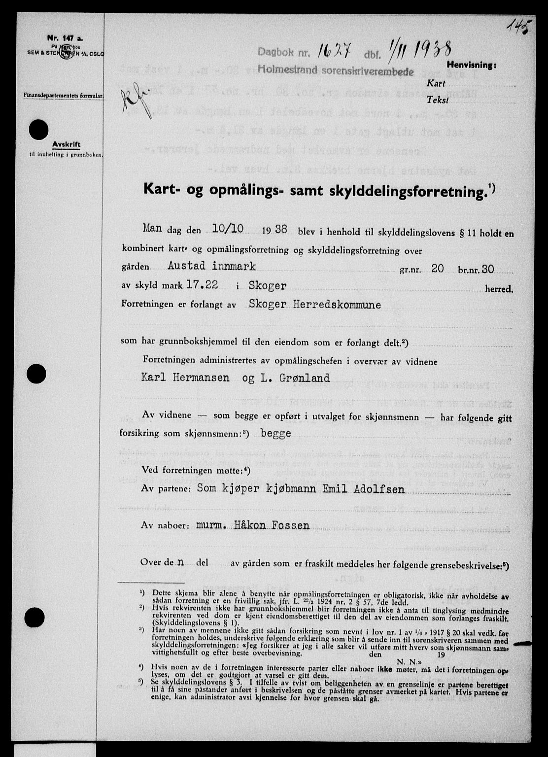 Holmestrand sorenskriveri, SAKO/A-67/G/Ga/Gaa/L0050: Pantebok nr. A-50, 1938-1939, Dagboknr: 1627/1938