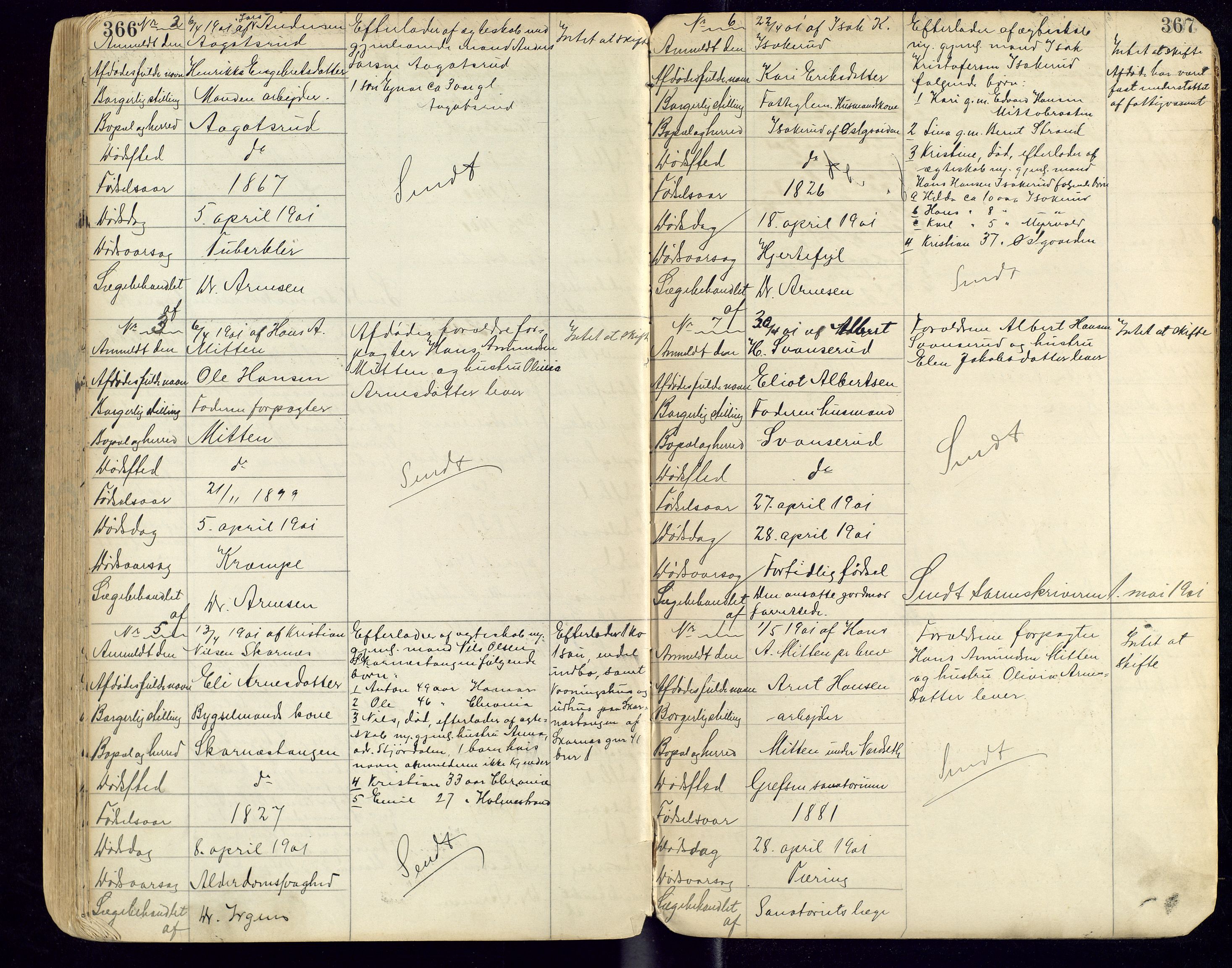 Sør-Odal lensmannskontor, AV/SAH-LHS-022/H/Hb/L0001/0001: Protokoller over anmeldte dødsfall / Protokoll over anmeldte dødsfall, 1888-1901, s. 366-367