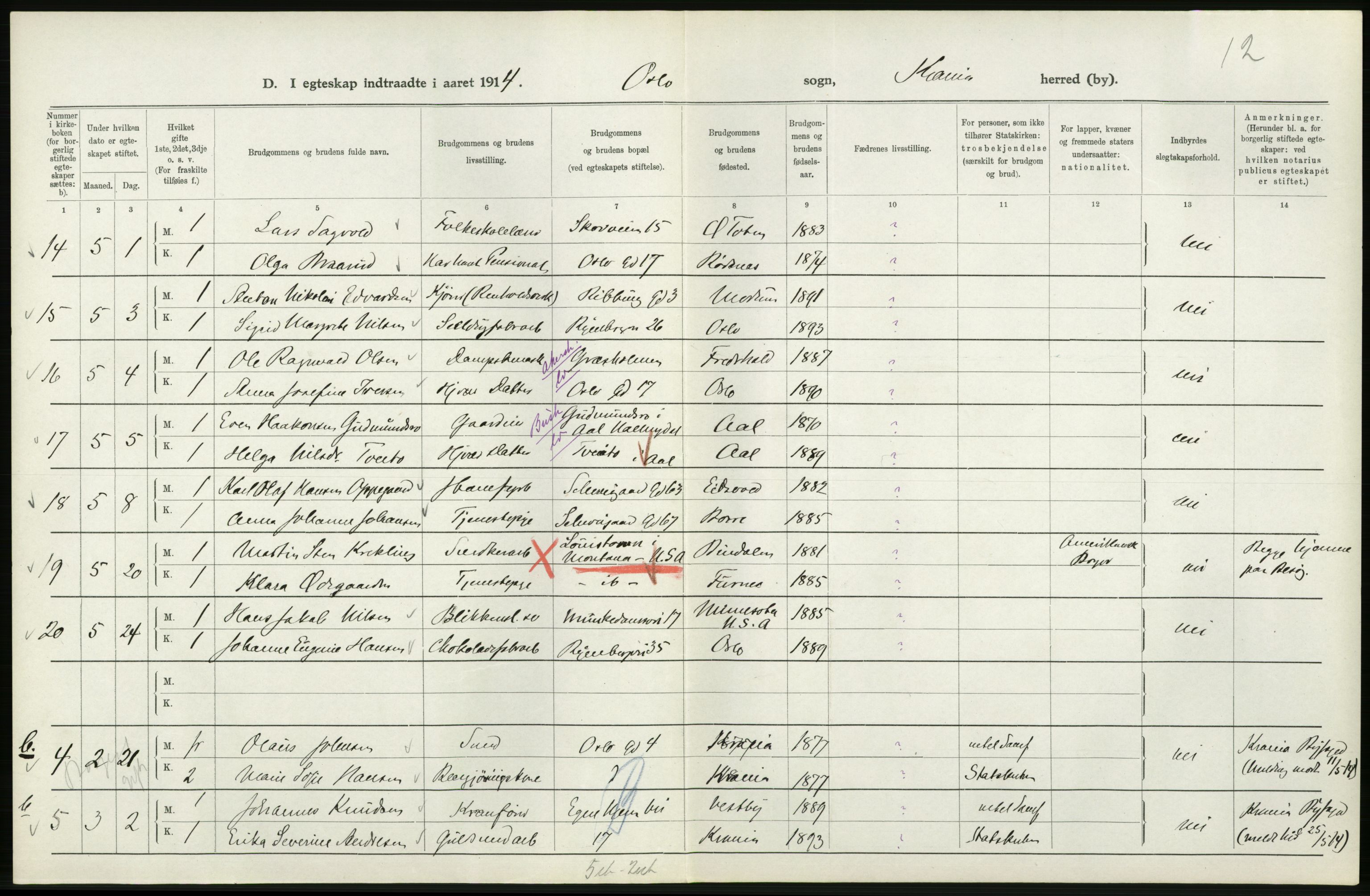 Statistisk sentralbyrå, Sosiodemografiske emner, Befolkning, AV/RA-S-2228/D/Df/Dfb/Dfbd/L0007: Kristiania: Gifte, 1914, s. 134