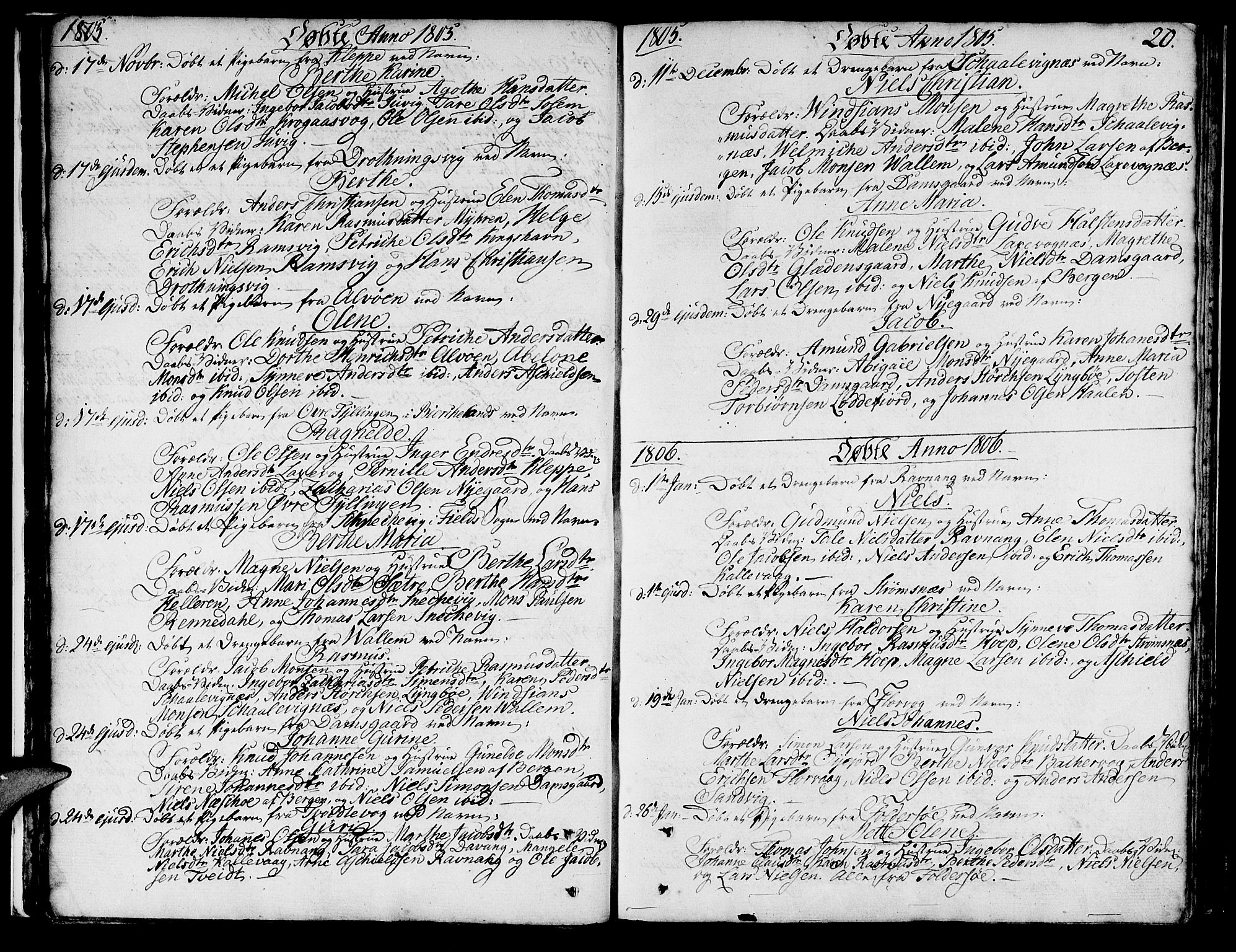 Askøy Sokneprestembete, AV/SAB-A-74101/H/Ha/Haa/Haaa/L0002: Ministerialbok nr. A 2, 1801-1818, s. 20