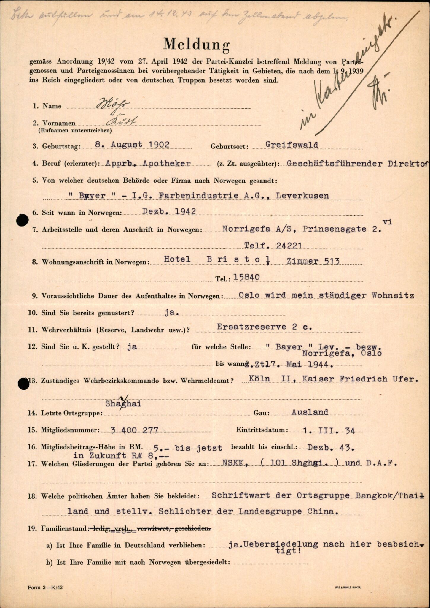 Forsvarets Overkommando. 2 kontor. Arkiv 11.4. Spredte tyske arkivsaker, AV/RA-RAFA-7031/D/Dar/Darb/L0015: Reichskommissariat - NSDAP in Norwegen, 1938-1945, s. 509