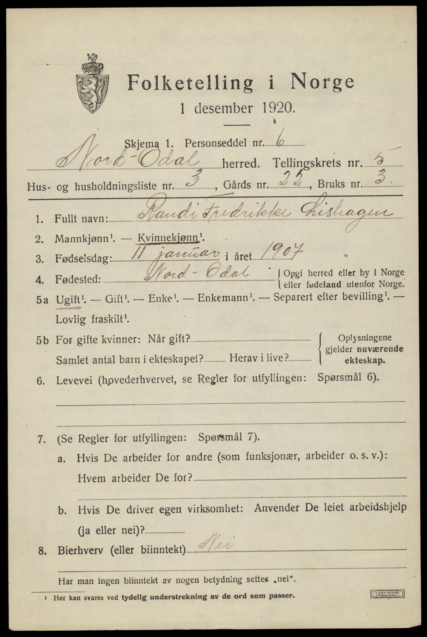 SAH, Folketelling 1920 for 0418 Nord-Odal herred, 1920, s. 5065