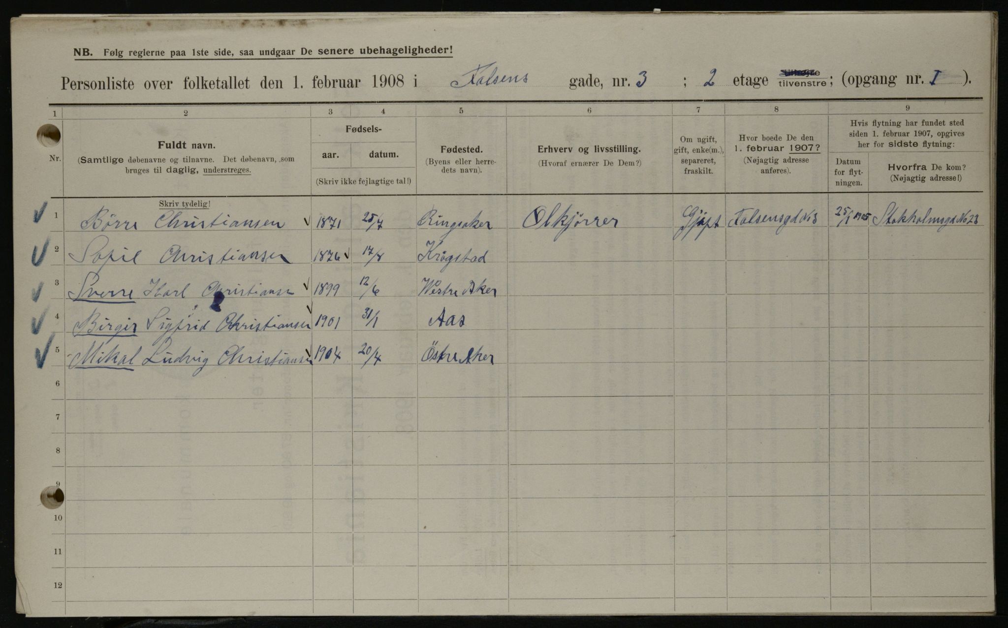 OBA, Kommunal folketelling 1.2.1908 for Kristiania kjøpstad, 1908, s. 21164