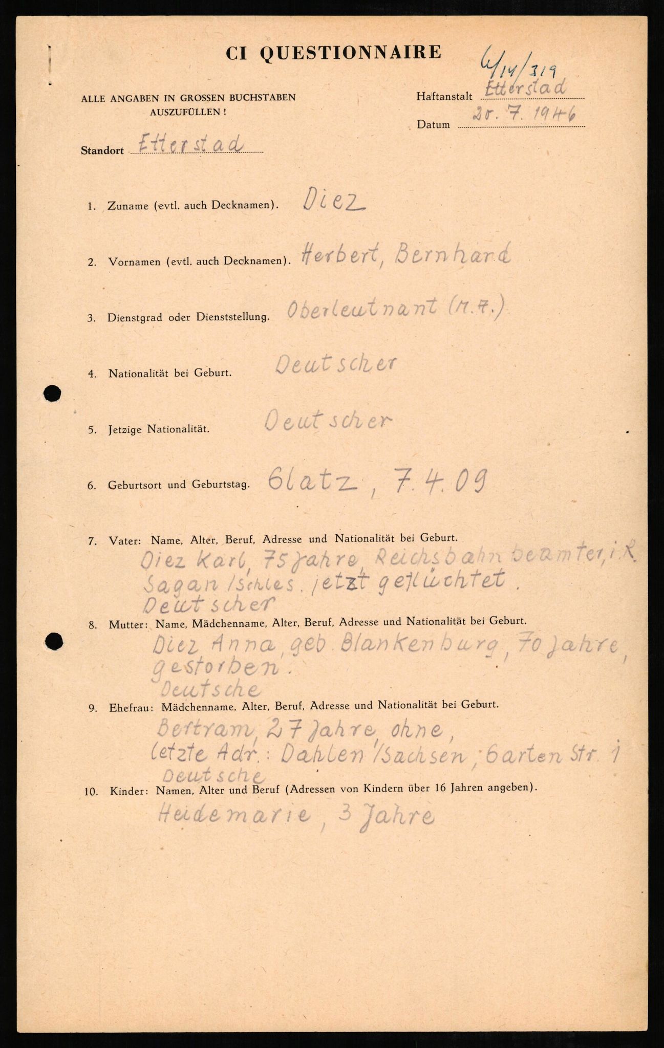 Forsvaret, Forsvarets overkommando II, AV/RA-RAFA-3915/D/Db/L0006: CI Questionaires. Tyske okkupasjonsstyrker i Norge. Tyskere., 1945-1946, s. 82