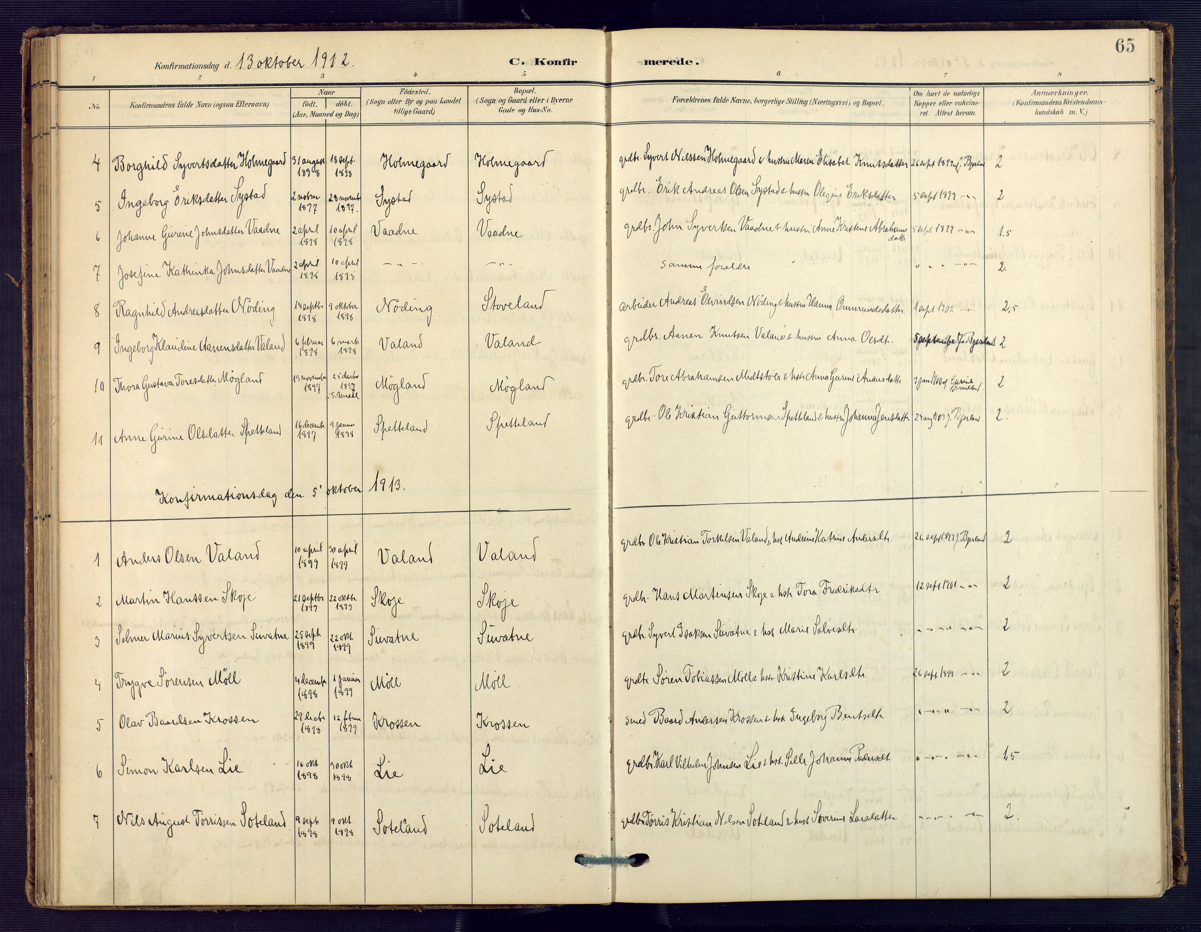 Holum sokneprestkontor, SAK/1111-0022/F/Fa/Faa/L0008: Ministerialbok nr. A 8, 1908-1929, s. 65