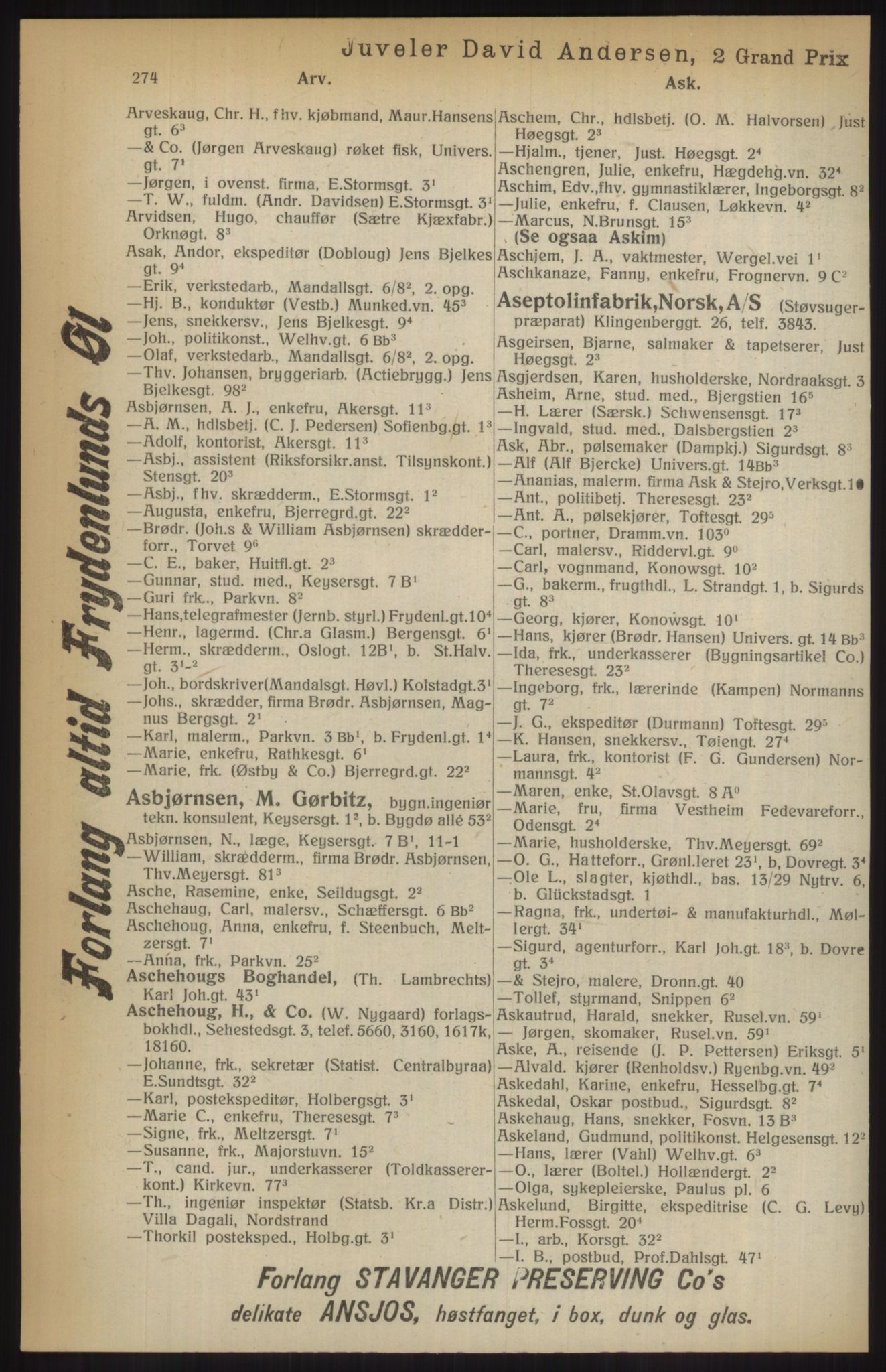 Kristiania/Oslo adressebok, PUBL/-, 1914, s. 274