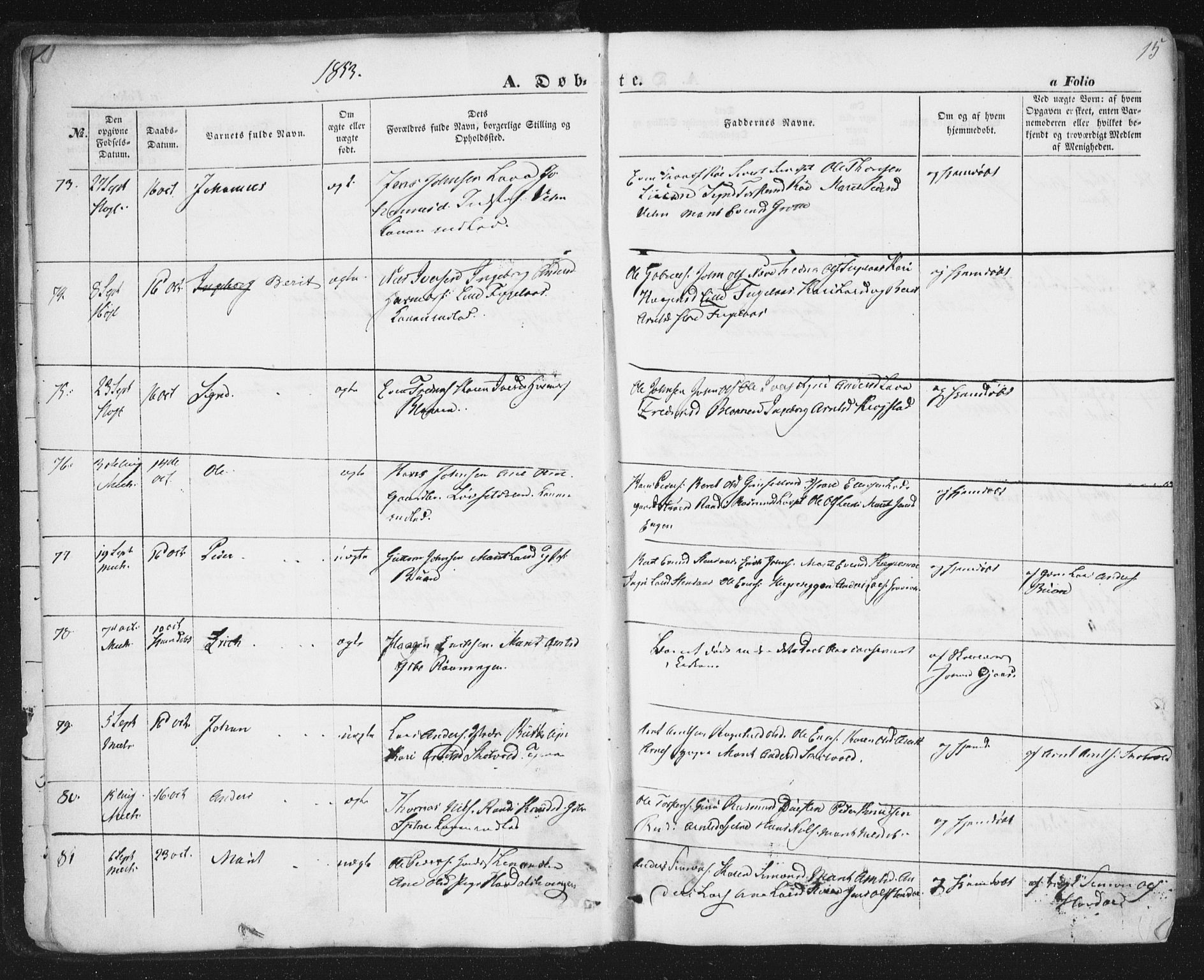 Ministerialprotokoller, klokkerbøker og fødselsregistre - Sør-Trøndelag, SAT/A-1456/691/L1076: Ministerialbok nr. 691A08, 1852-1861, s. 15